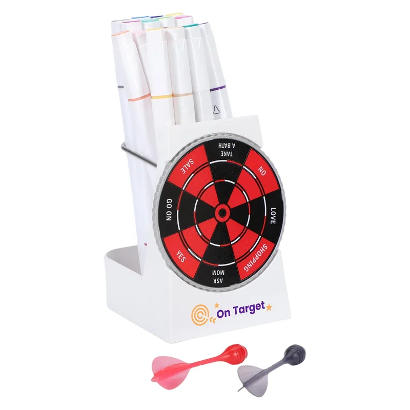 Bullseye Dart Game & Pen Holder shown complete with pens and magnetic darts