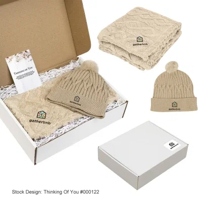Beanie and blanket gift set packed inside its presentation box