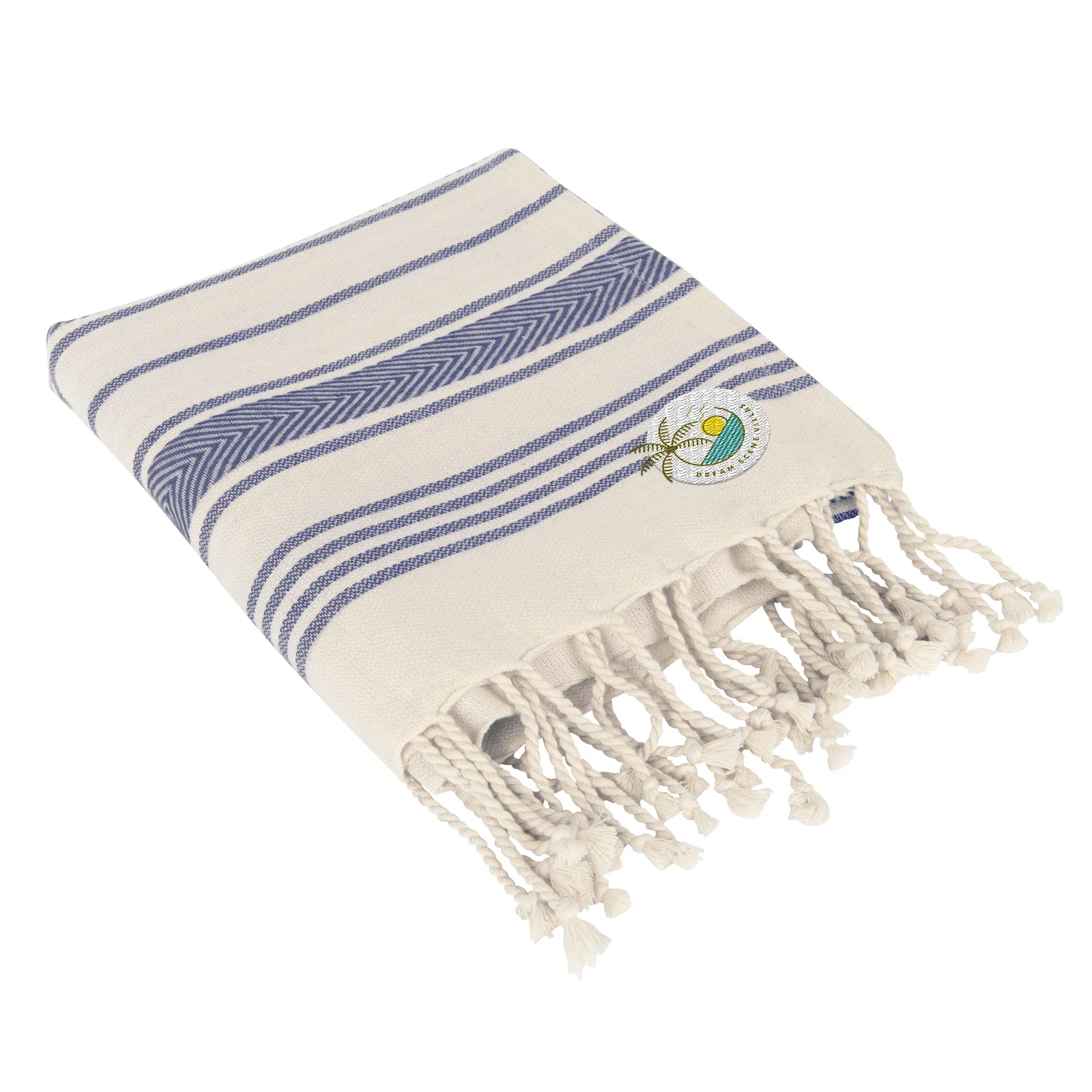 Two-tone beach towel spread flat to show its full size