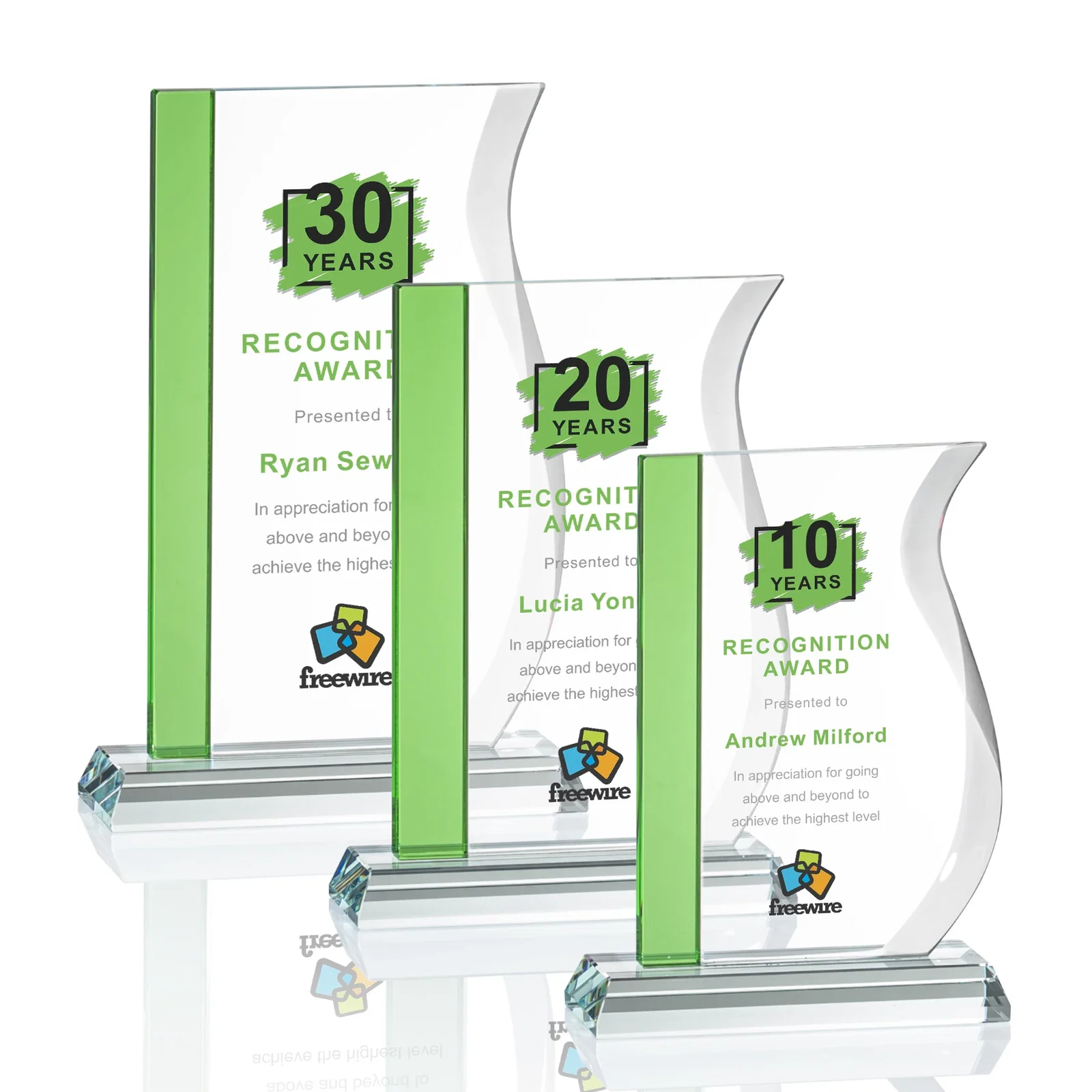 Personalized Starfire Crystal Award with Straight Blue Edge and S-Curved Side, awards for employee recognition
