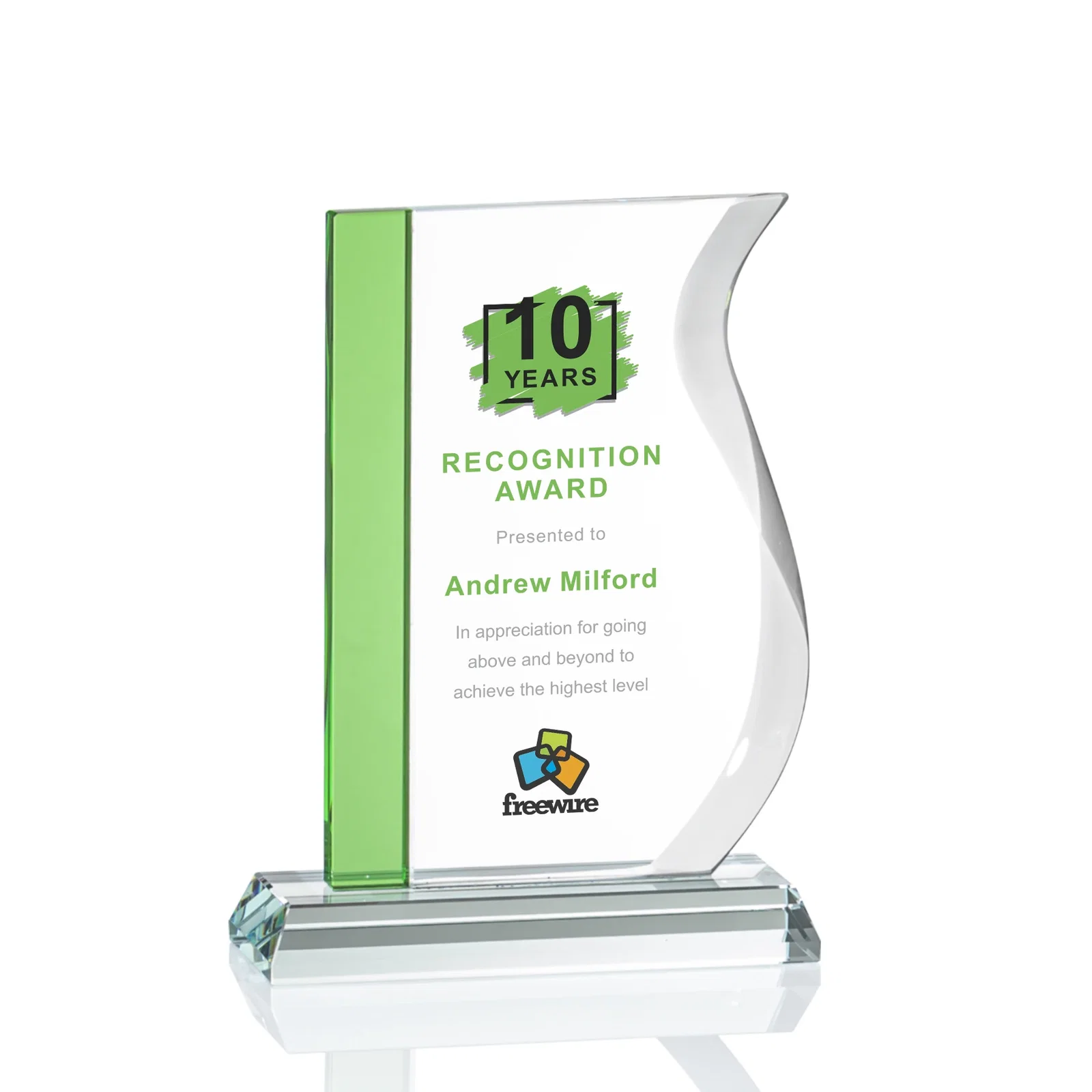 Personalized Starfire Crystal Award with Straight Blue Edge and S-Curved Side, awards for corporate award ceremonies
