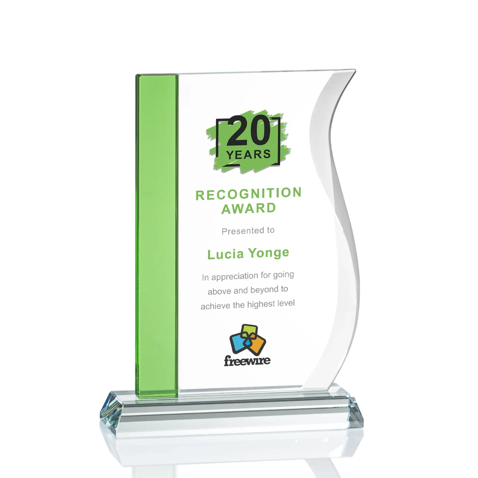 Personalized Starfire Crystal Award with Straight Blue Edge and S-Curved Side, awards for service anniversary gifts