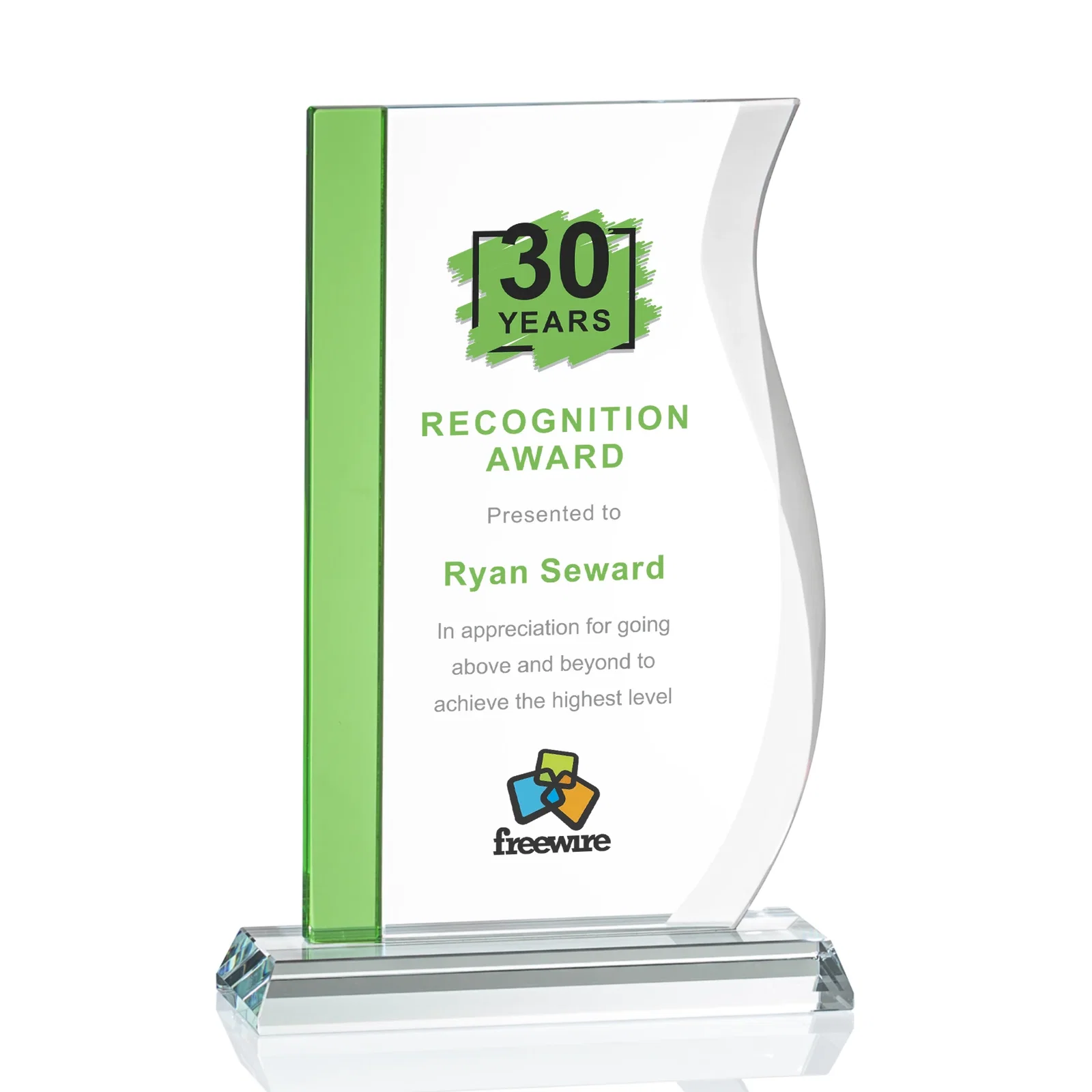 Personalized Starfire Crystal Award with Straight Blue Edge and S-Curved Side, awards for sales achievement awards