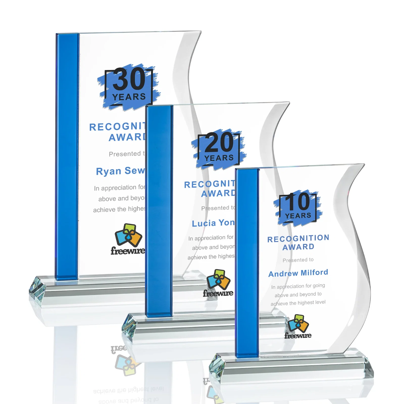 Personalized Starfire Crystal Award with Straight Blue Edge and S-Curved Side, awards for retirement presentations