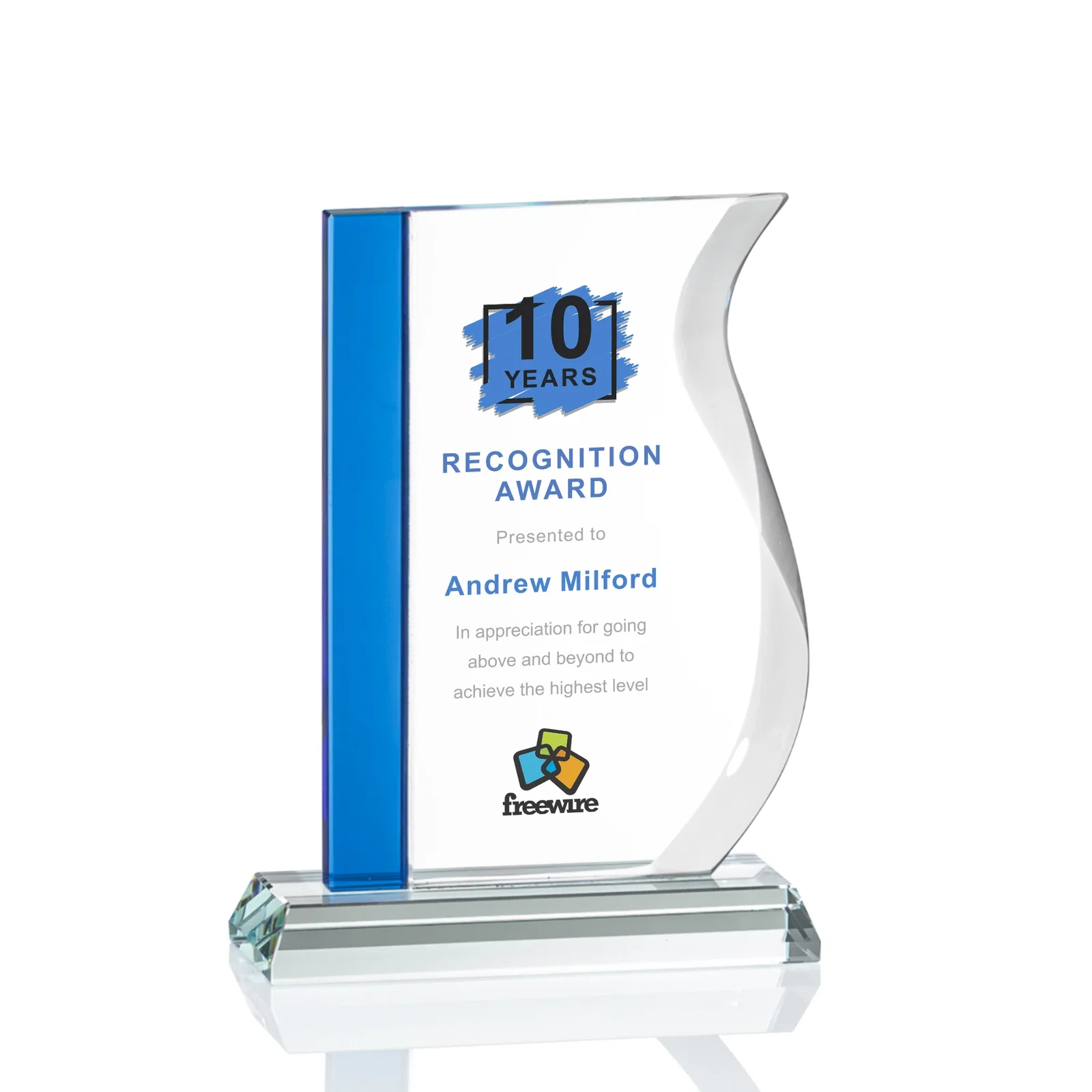 Personalized Starfire Crystal Award with Straight Blue Edge and S-Curved Side, awards for team milestone celebrations