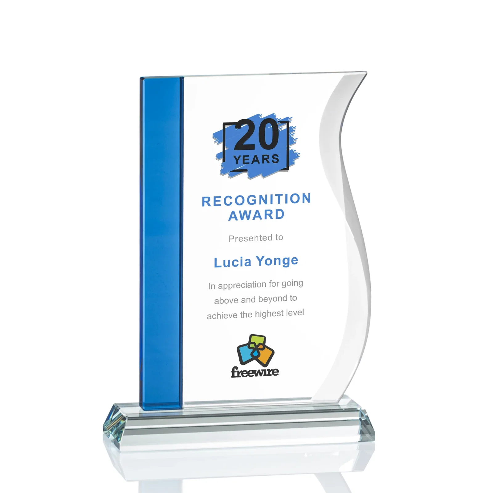 Personalized Starfire Crystal Award with Straight Blue Edge and S-Curved Side, awards for donor appreciation
