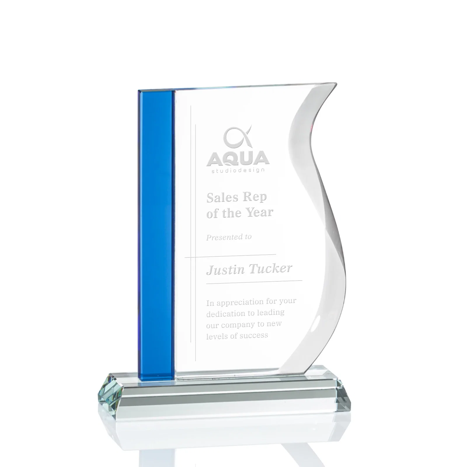 Custom Starfire Crystal Award with Straight Blue Edge and S-Curved Side, awards for corporate award ceremonies