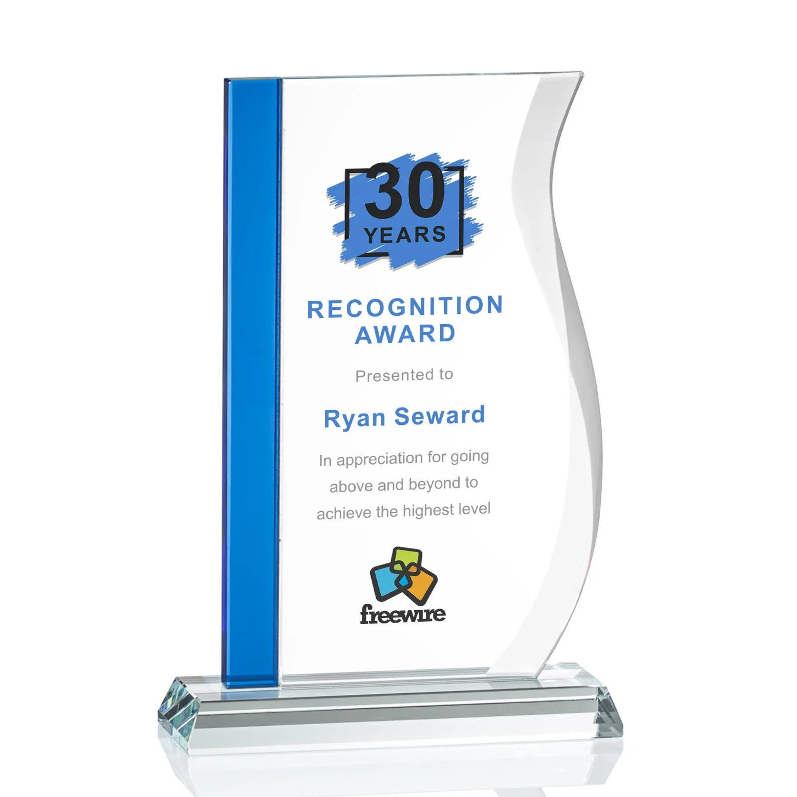 Personalized Starfire Crystal Award with Straight Blue Edge and S-Curved Side, awards for graduation ceremonies