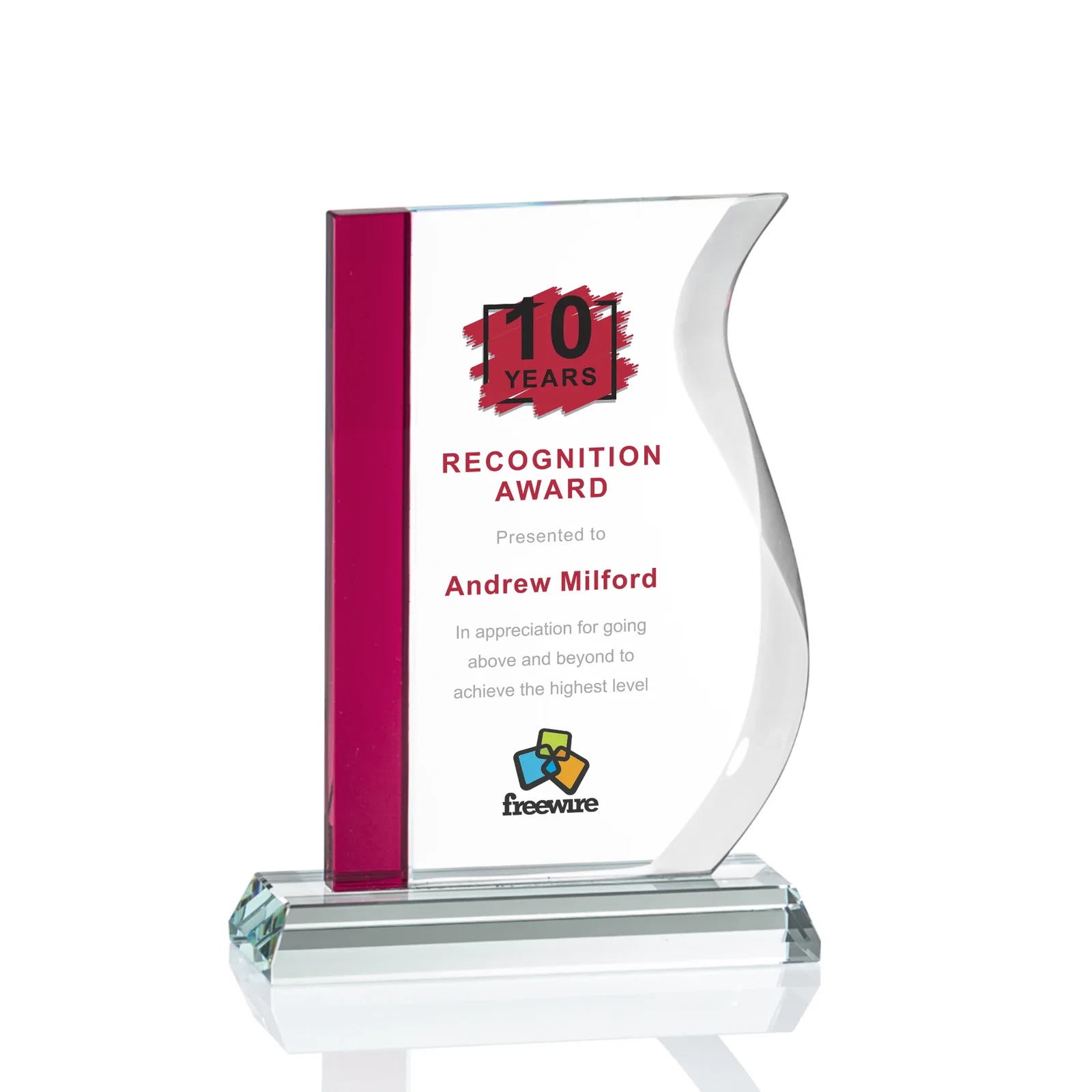 Personalized Starfire Crystal Award with Straight Blue Edge and S-Curved Side, awards for volunteer appreciation