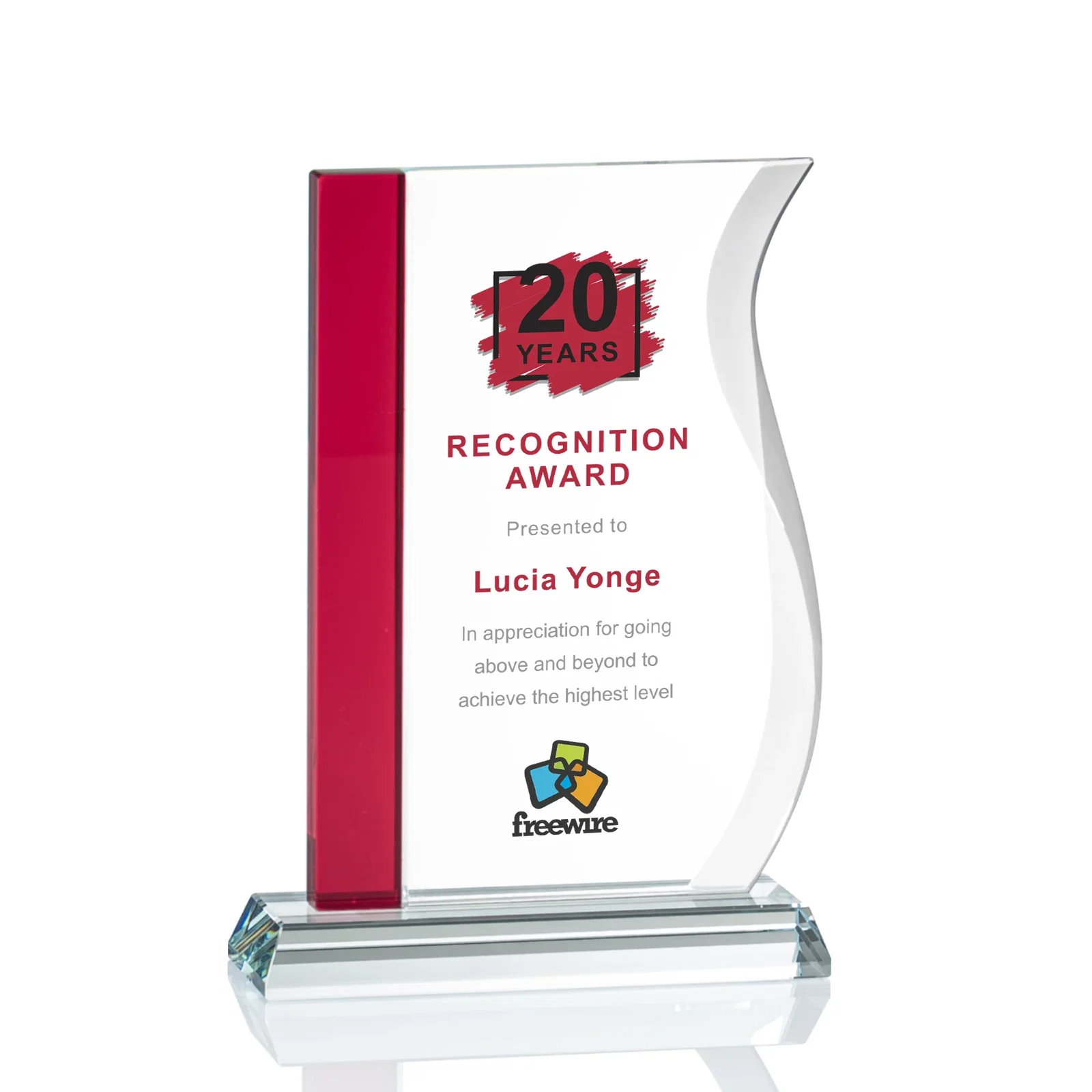 Personalized Starfire Crystal Award with Straight Blue Edge and S-Curved Side, awards for dealer and partner awards