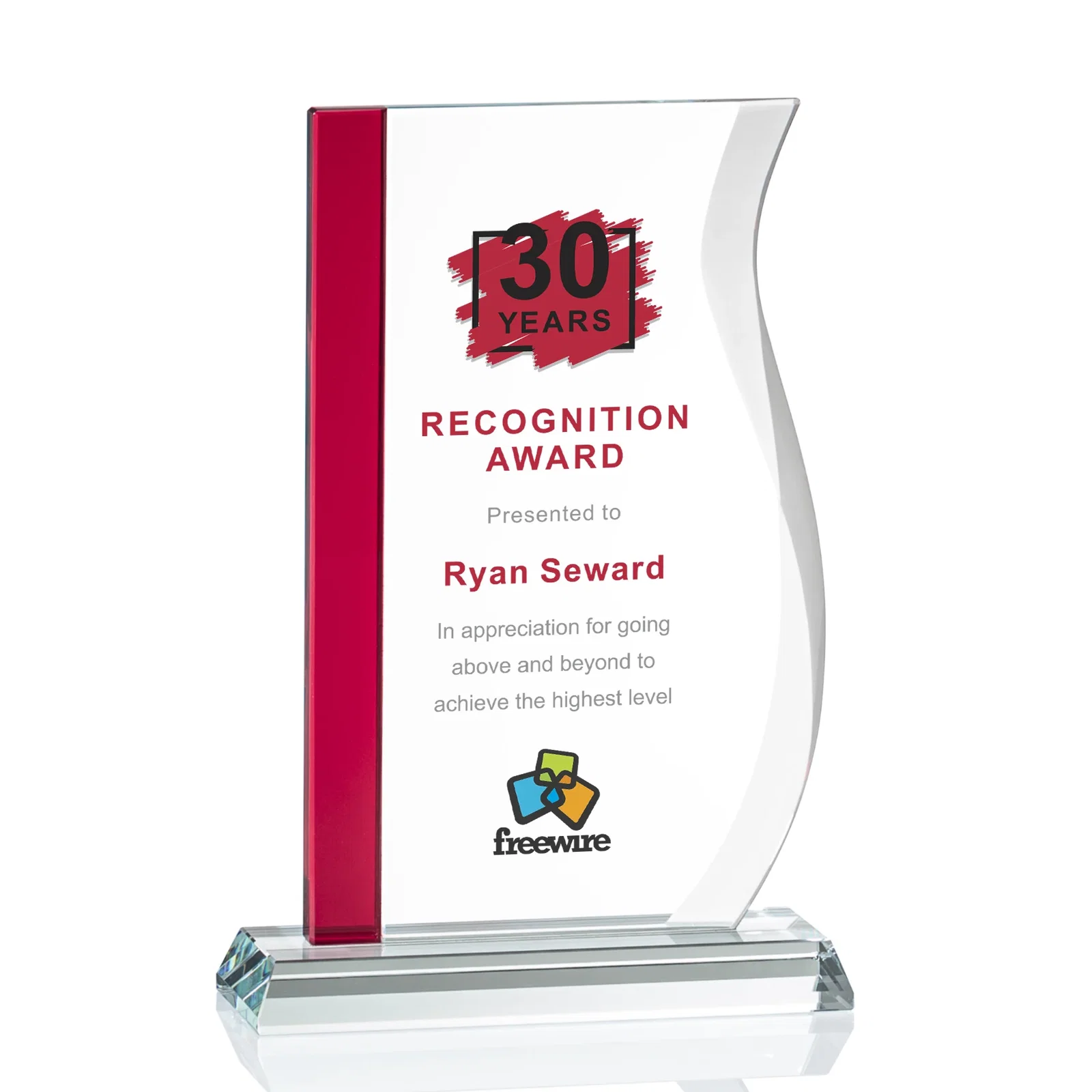 Personalized Starfire Crystal Award with Straight Blue Edge and S-Curved Side, awards for company anniversary events