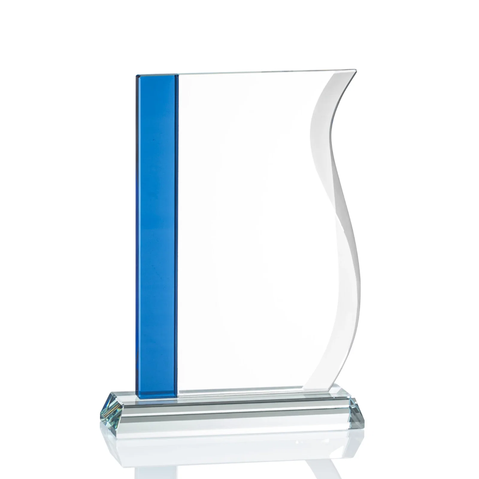 Promotional Starfire Crystal Award with Straight Blue Edge and S-Curved Side, awards for corporate award ceremonies