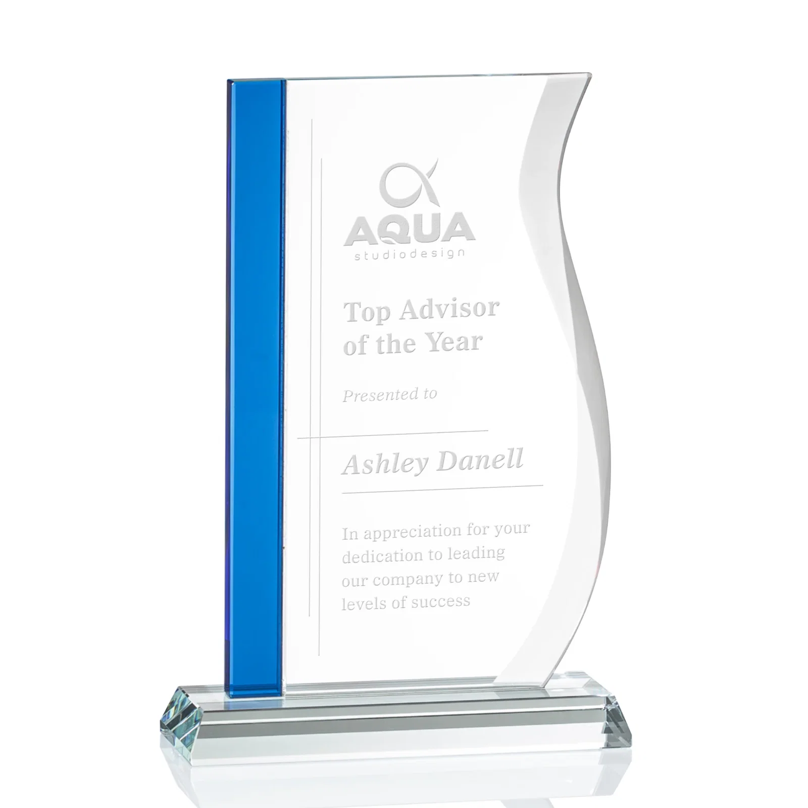 Custom Starfire Crystal Award with Straight Blue Edge and S-Curved Side, awards for sales achievement awards
