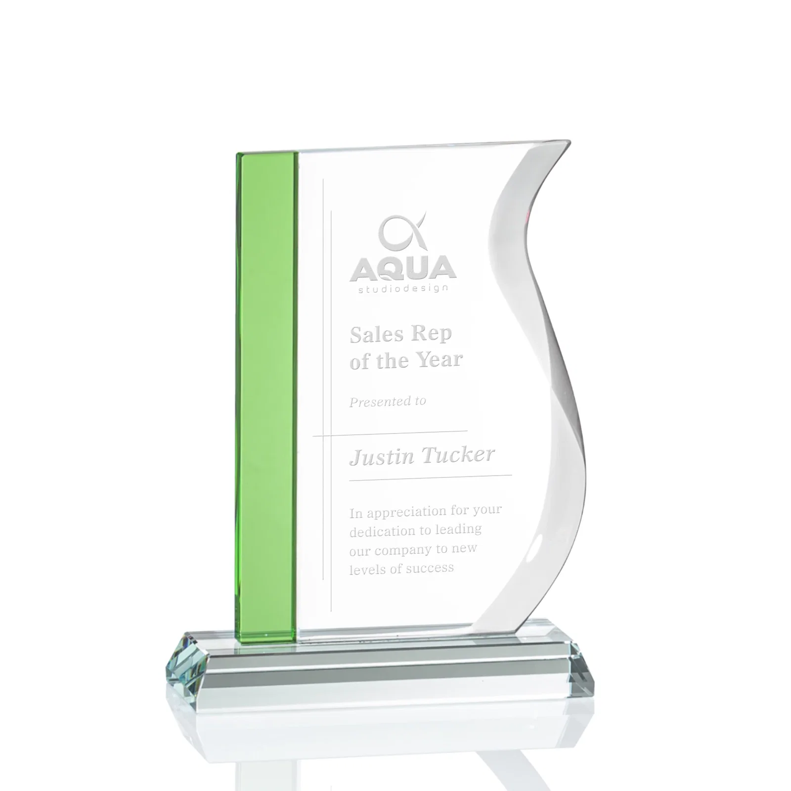 Custom Starfire Crystal Award with Straight Blue Edge and S-Curved Side, awards for team milestone celebrations
