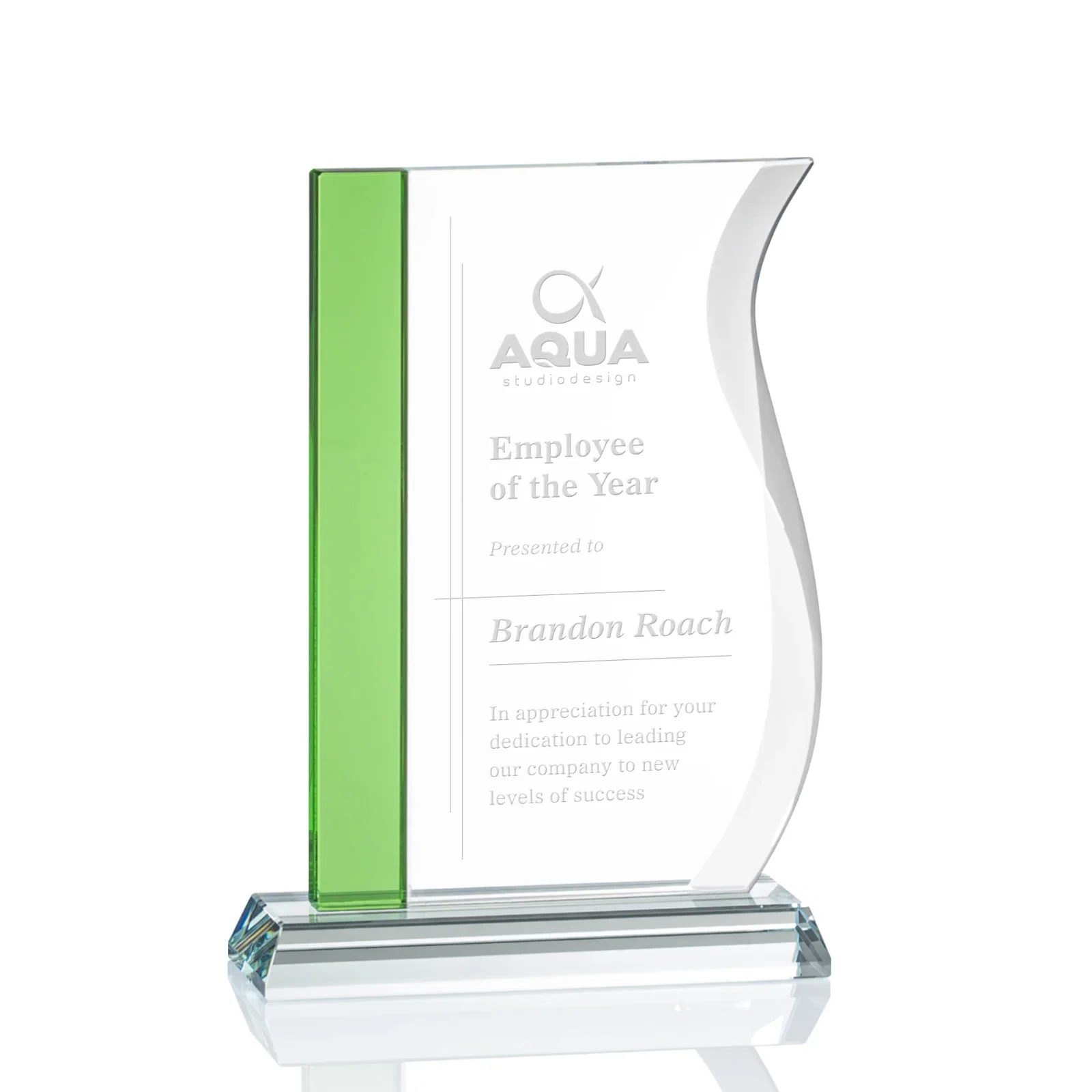 Custom Starfire Crystal Award with Straight Blue Edge and S-Curved Side, awards for donor appreciation