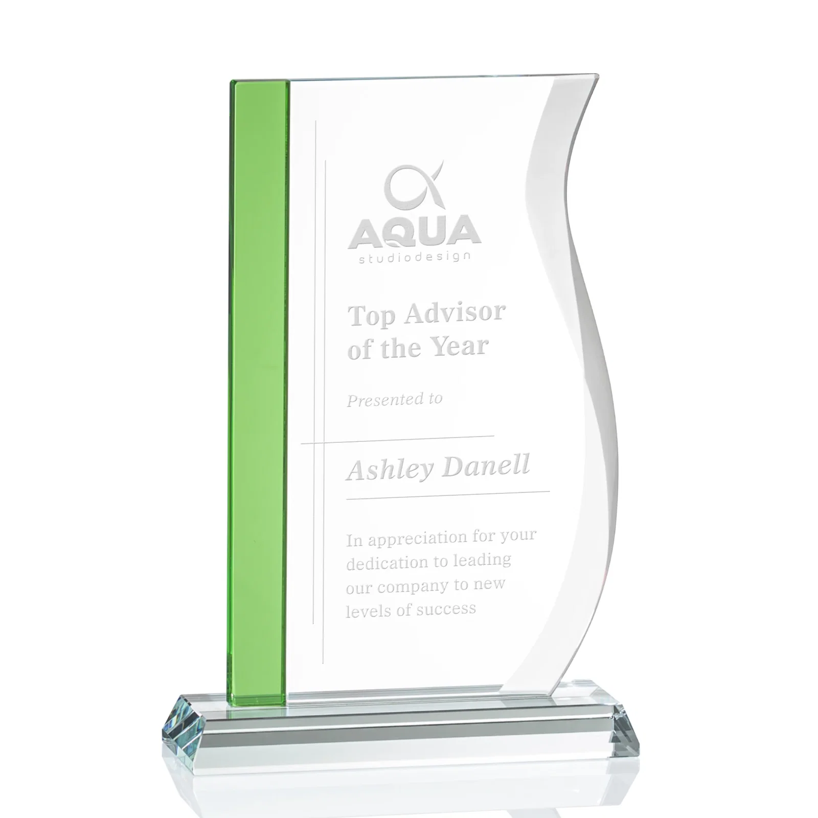 Custom Starfire Crystal Award with Straight Blue Edge and S-Curved Side, awards for graduation ceremonies