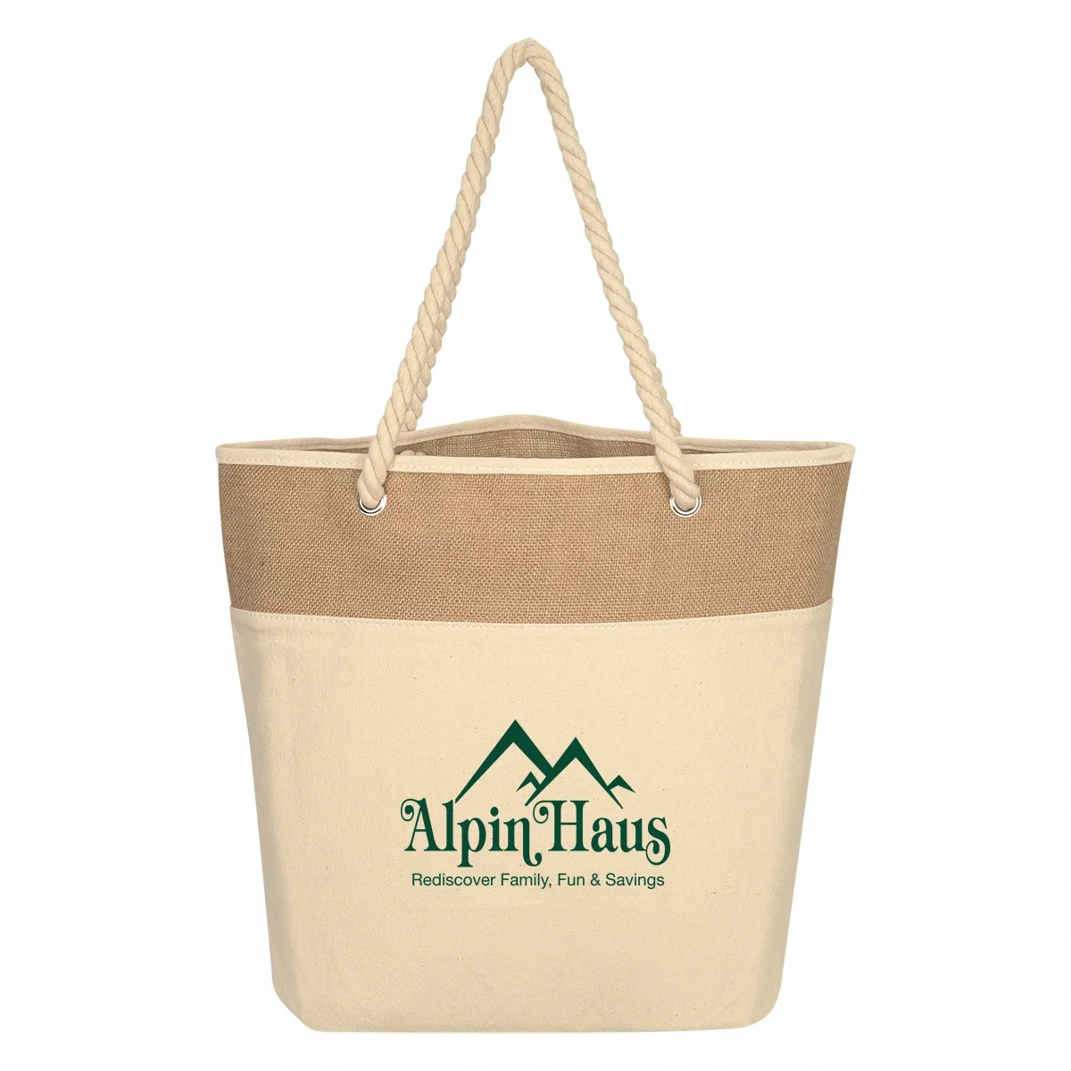 Burlap tote bag with thick rope handles in natural beige