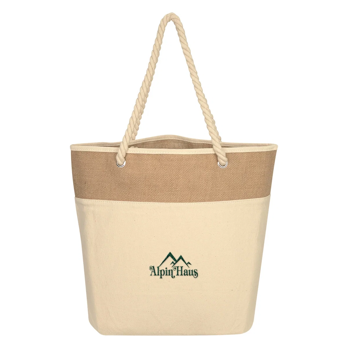 Rope handle knotted through the bag panel