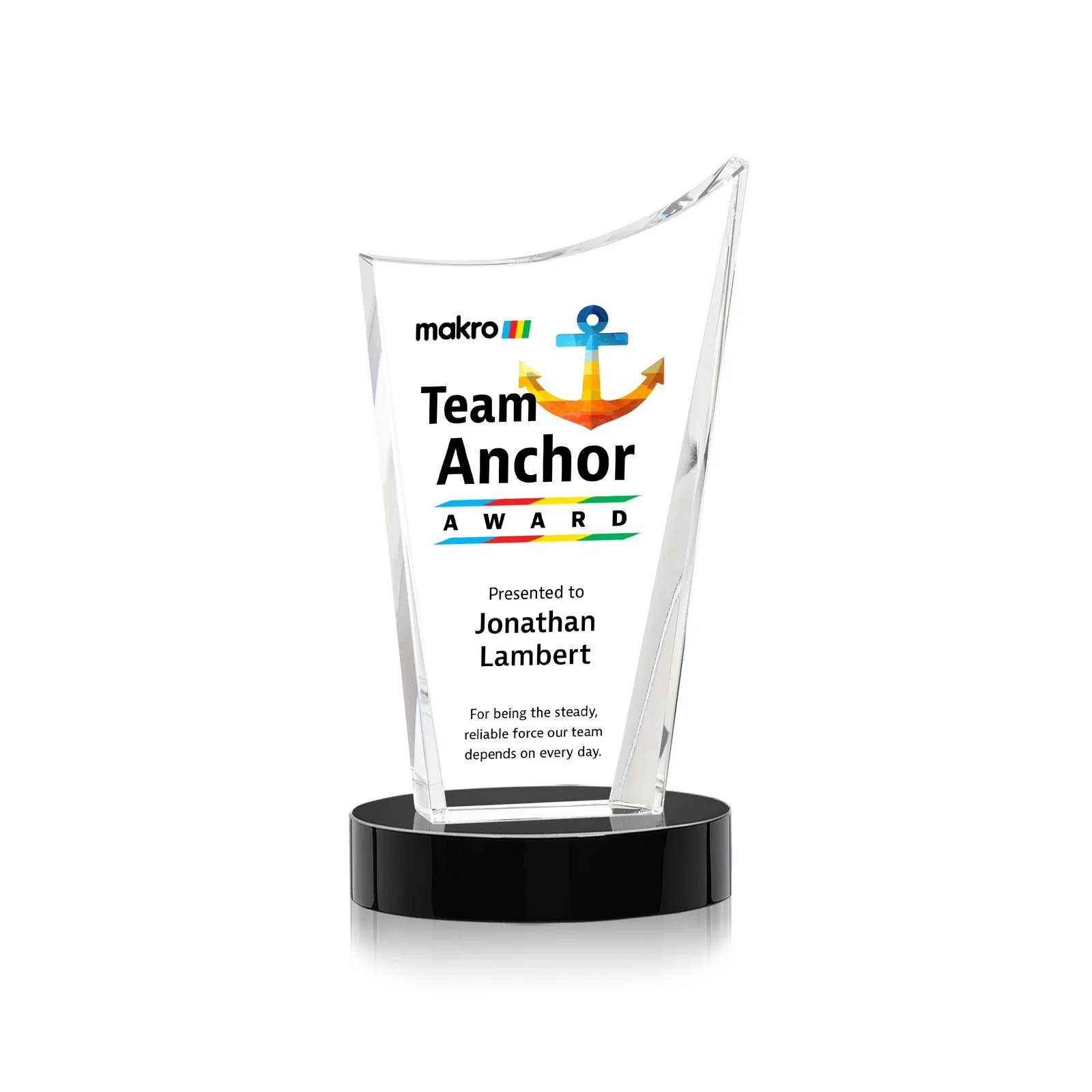Custom printed Optical Crystal Award on Alberton Base in Nine Colors, awards for team milestone celebrations
