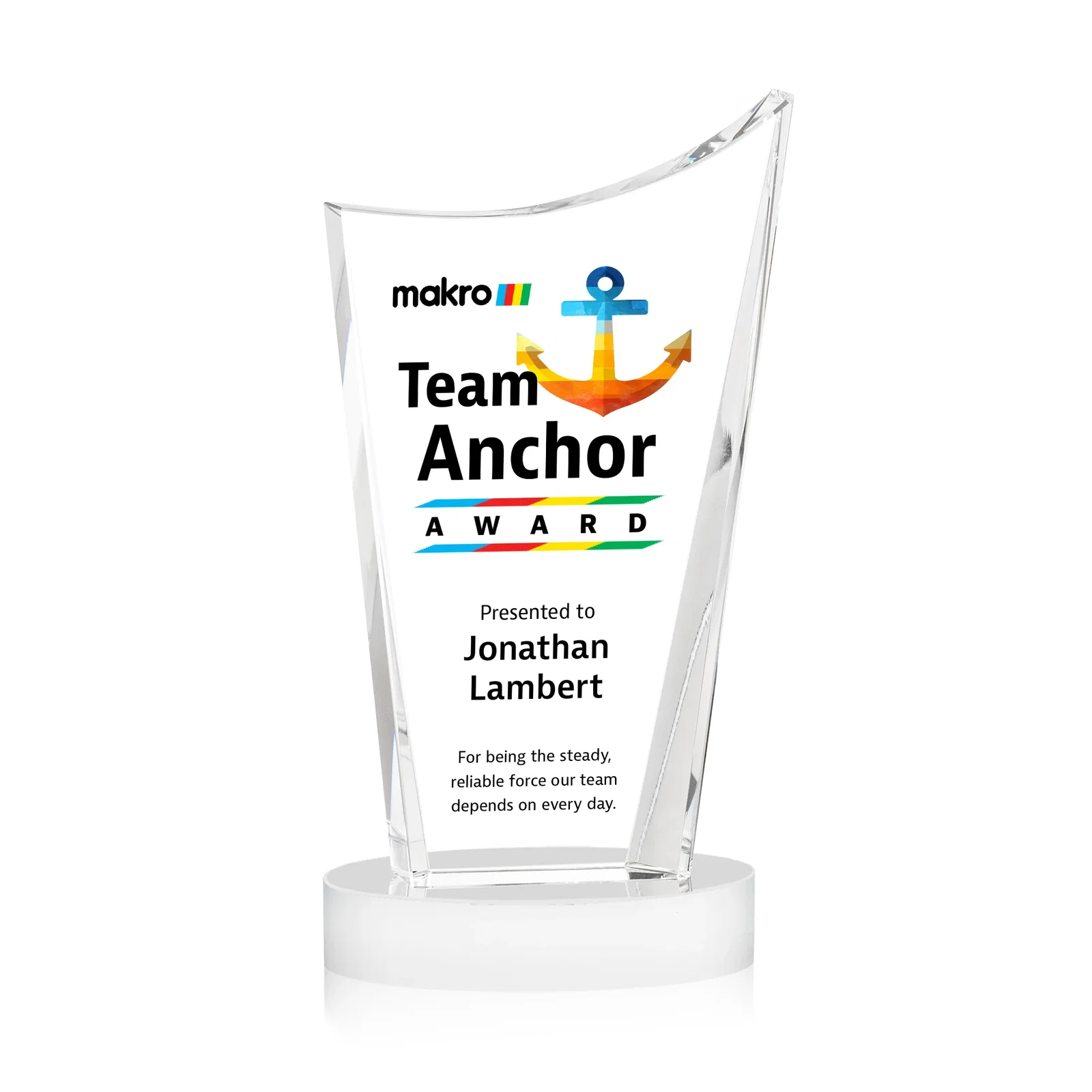 Custom engraved Optical Crystal Award on Alberton Base in Nine Colors, awards for employee recognition