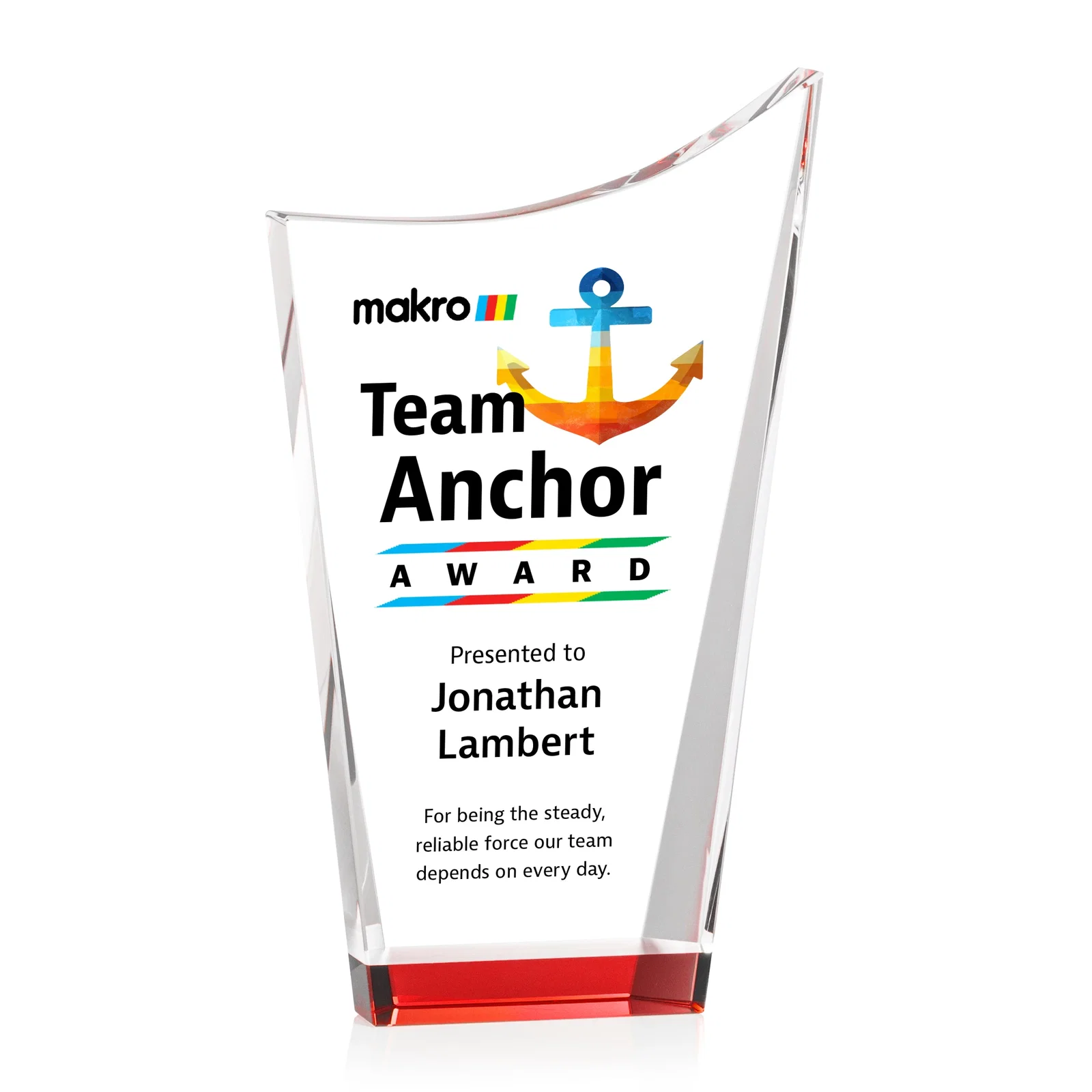 Branded Optical Crystal Award with a Glowing Color Strip Base, awards for retirement presentations