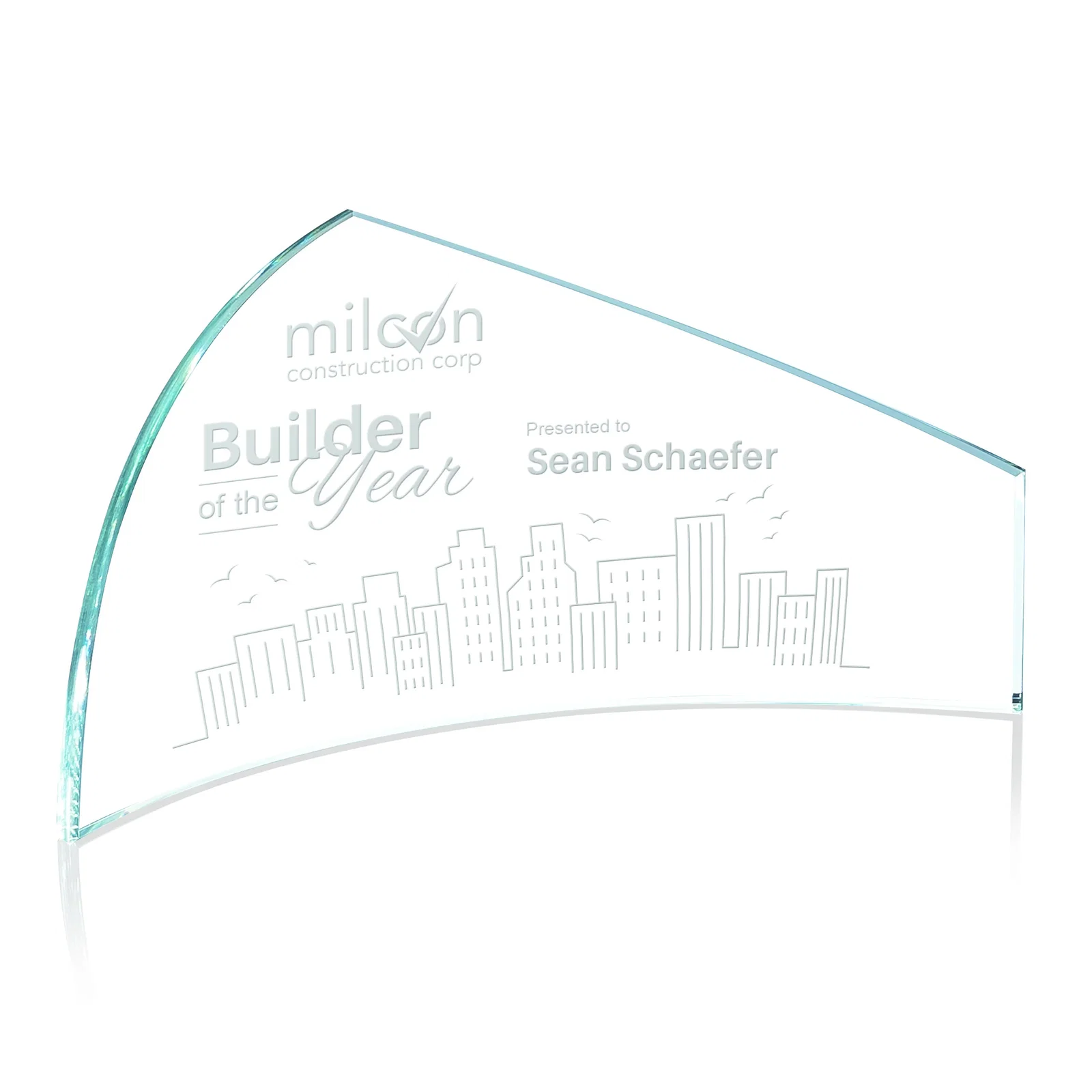 Custom Starfire Crystal Award With a Curved End and a Slanted End, awards for retirement presentations