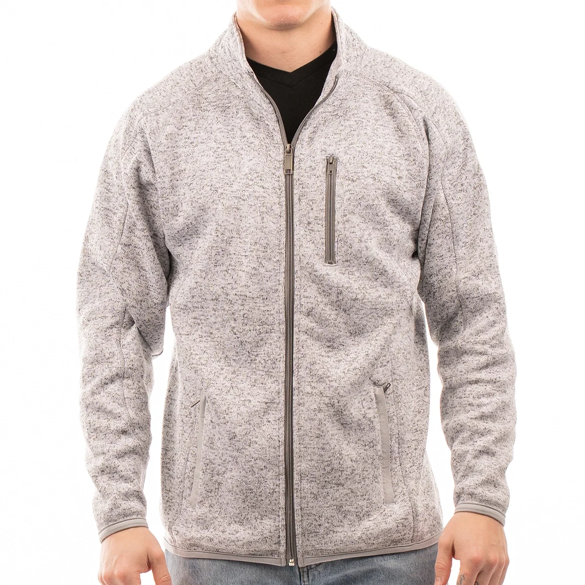 Heathered sweater knit jacket for men shown as a mid layer