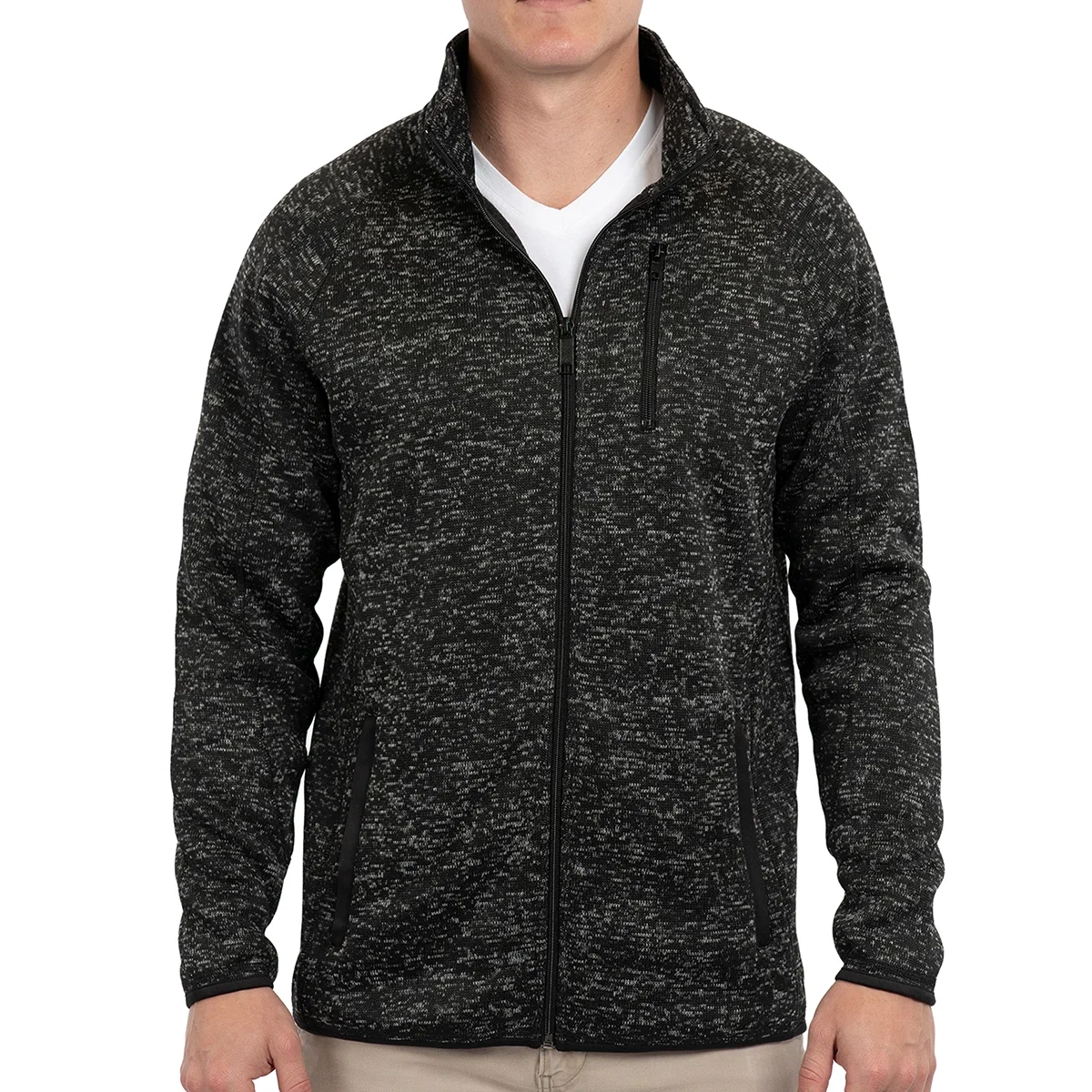 The chest area of the jacket for cool weather layering