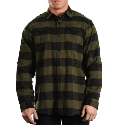Men's plaid flannel with two chest pockets, shown buttoned