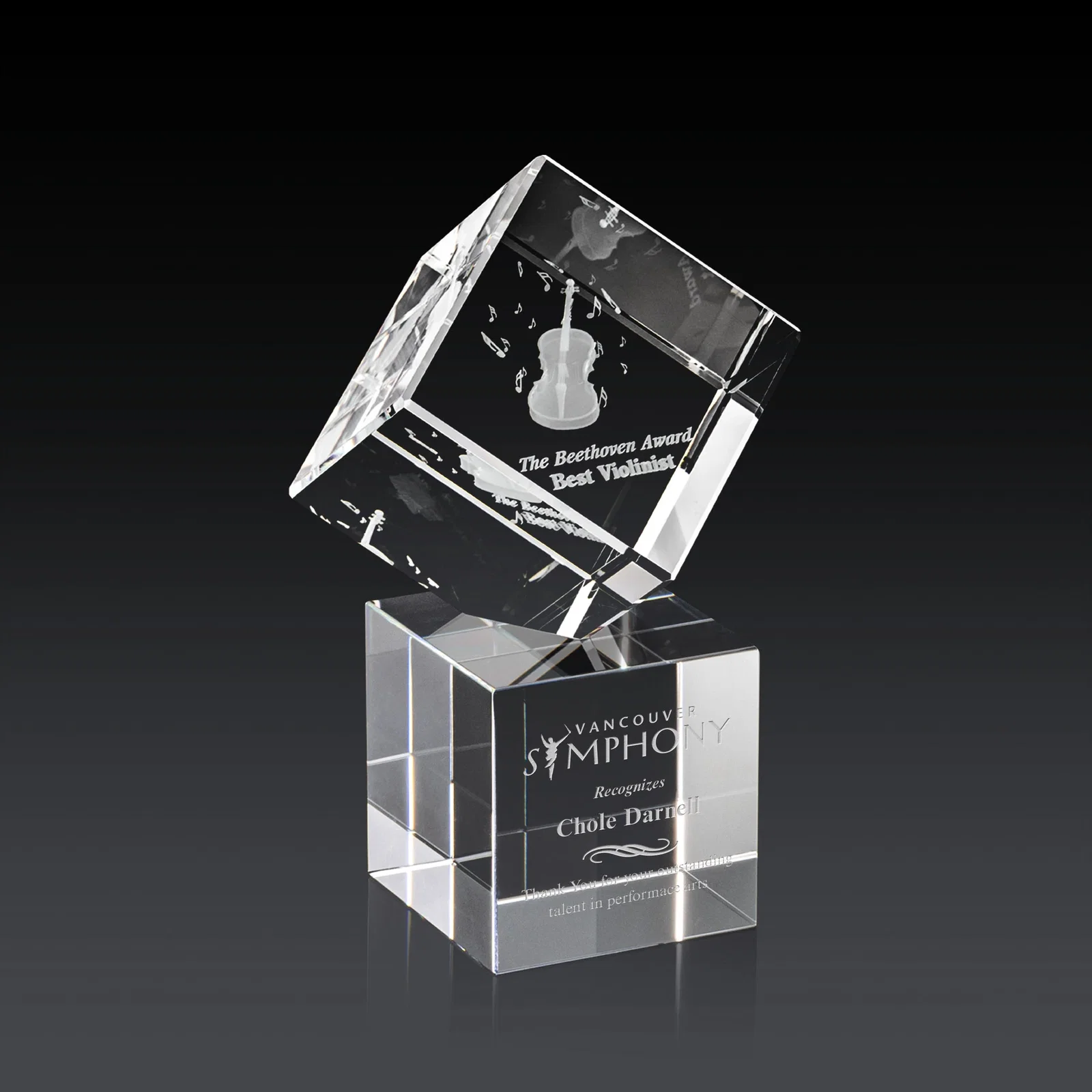 Custom Optical Crystal Cube Award on a Tall Tapered Base, awards for volunteer appreciation