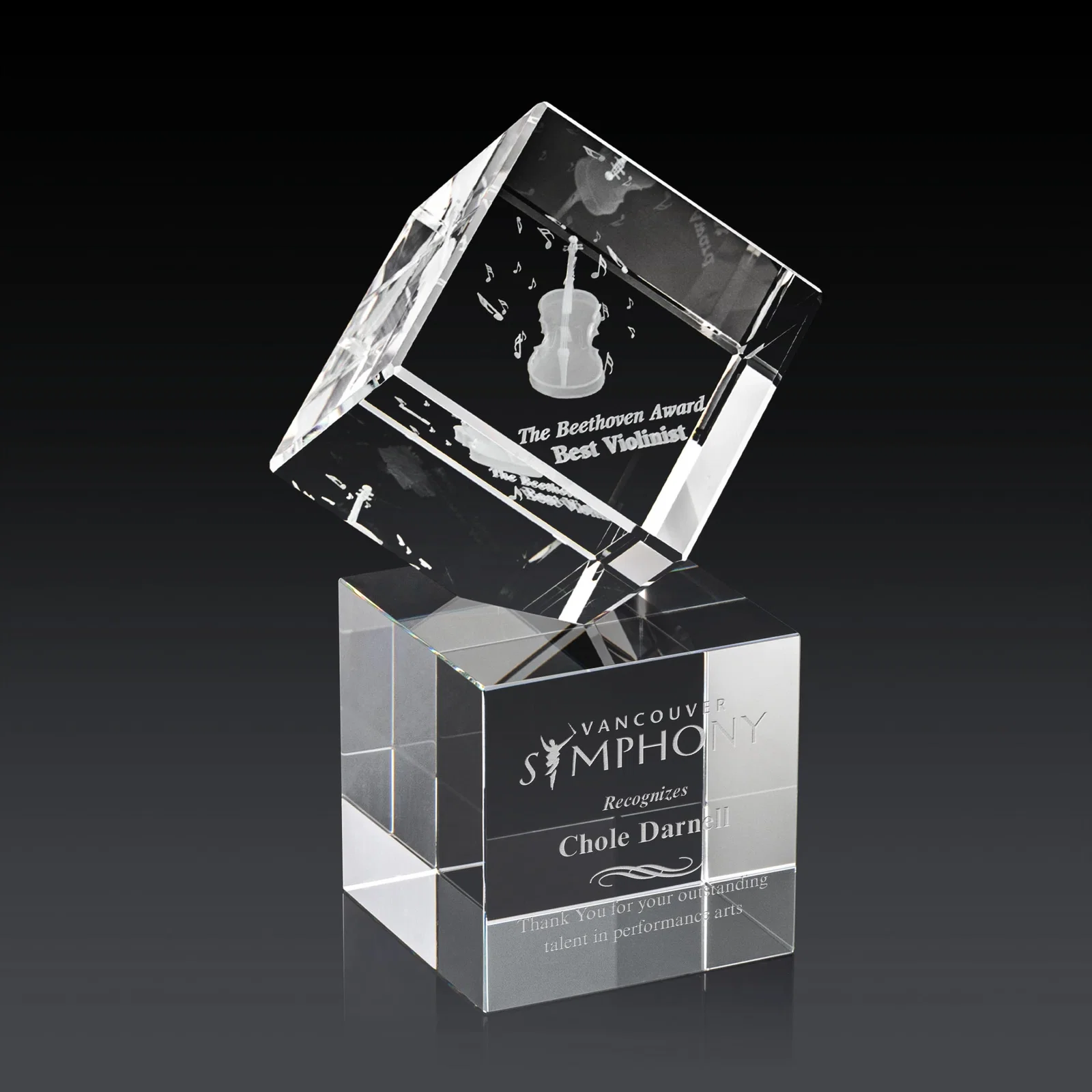 Custom Optical Crystal Cube Award on a Tall Tapered Base, awards for dealer and partner awards