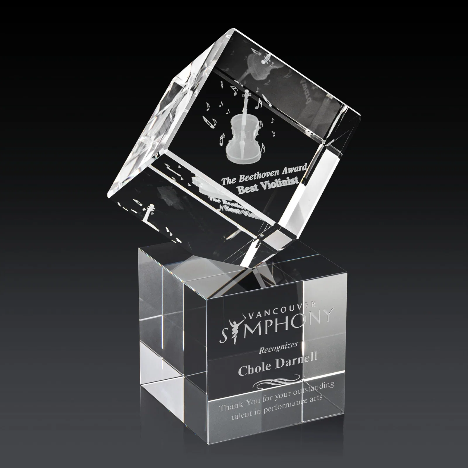 Custom Optical Crystal Cube Award on a Tall Tapered Base, awards for company anniversary events