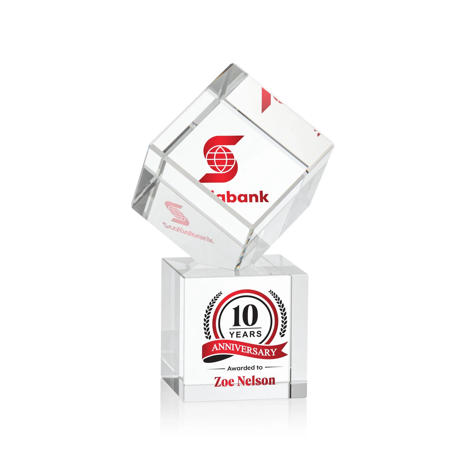 Custom Optical Crystal Cube Award on a Tall Tapered Base, awards for corporate award ceremonies