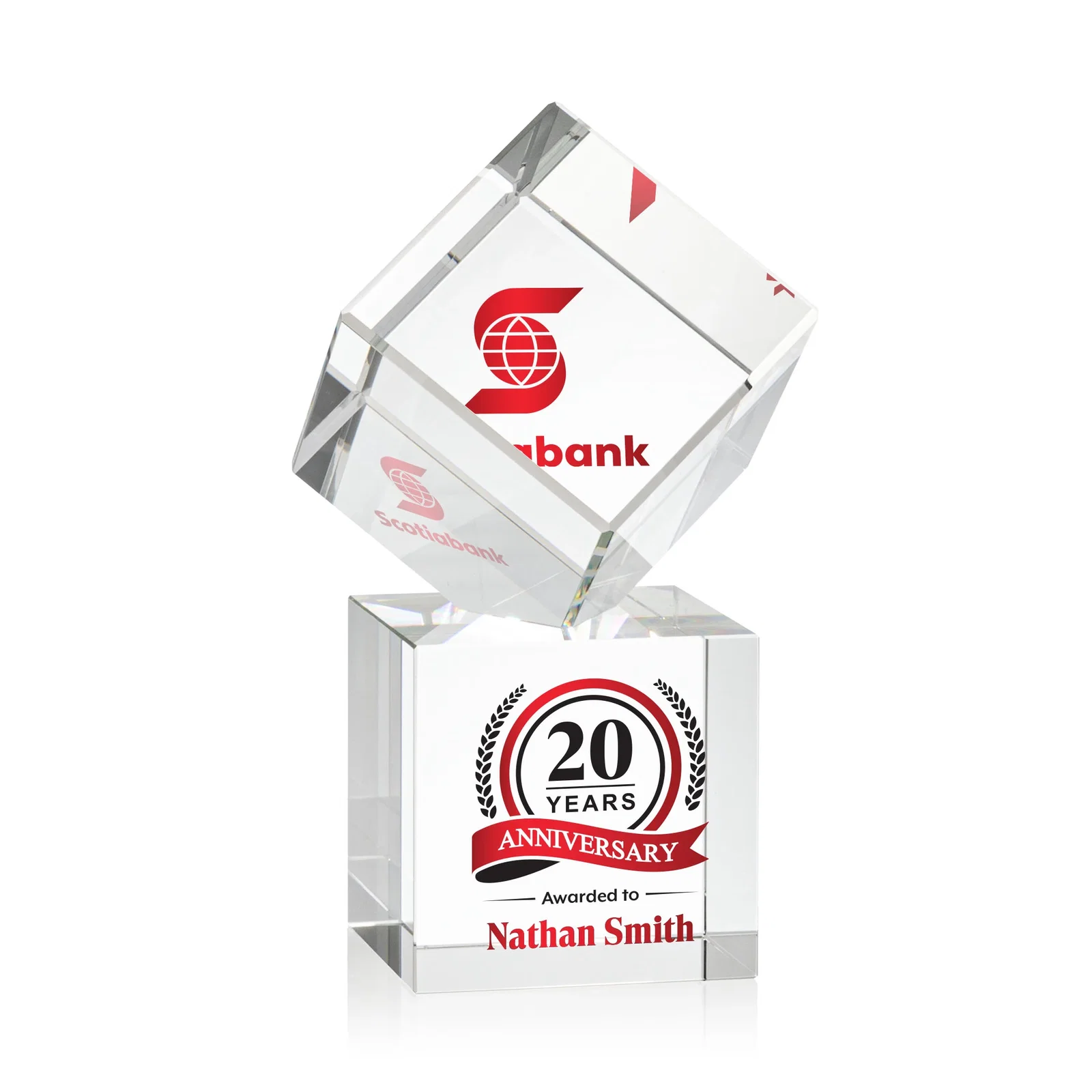 Custom Optical Crystal Cube Award on a Tall Tapered Base, awards for service anniversary gifts