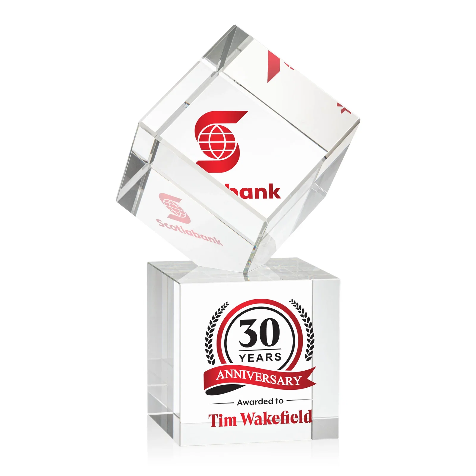 Custom Optical Crystal Cube Award on a Tall Tapered Base, awards for sales achievement awards