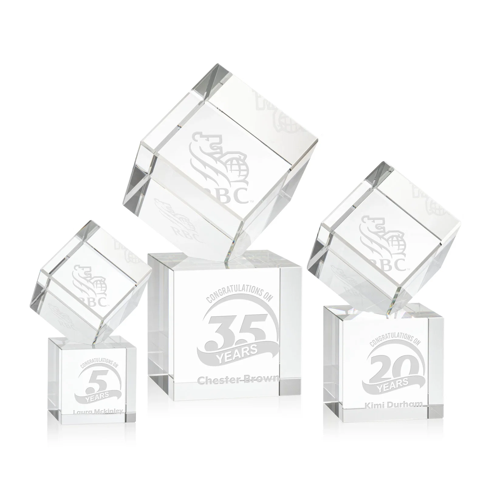 Custom Optical Crystal Cube Award on a Tall Tapered Base, awards for retirement presentations