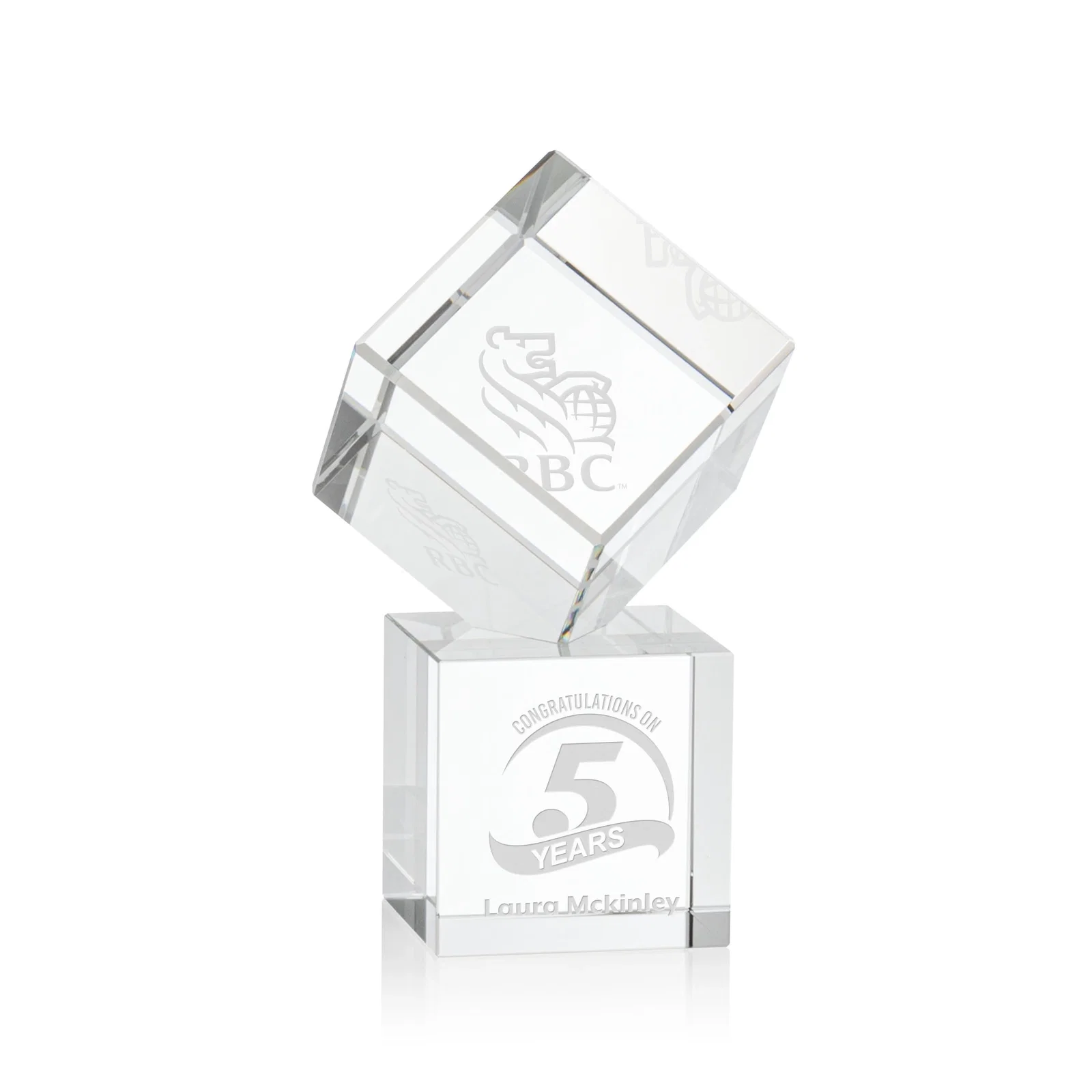 Custom Optical Crystal Cube Award on a Tall Tapered Base, awards for team milestone celebrations