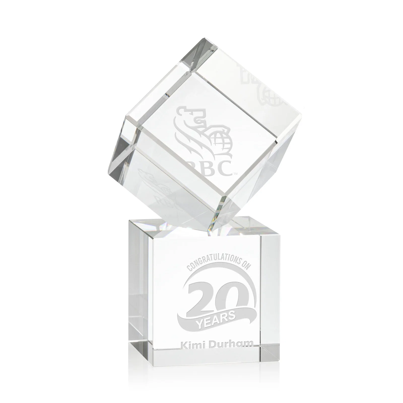 Custom Optical Crystal Cube Award on a Tall Tapered Base, awards for donor appreciation