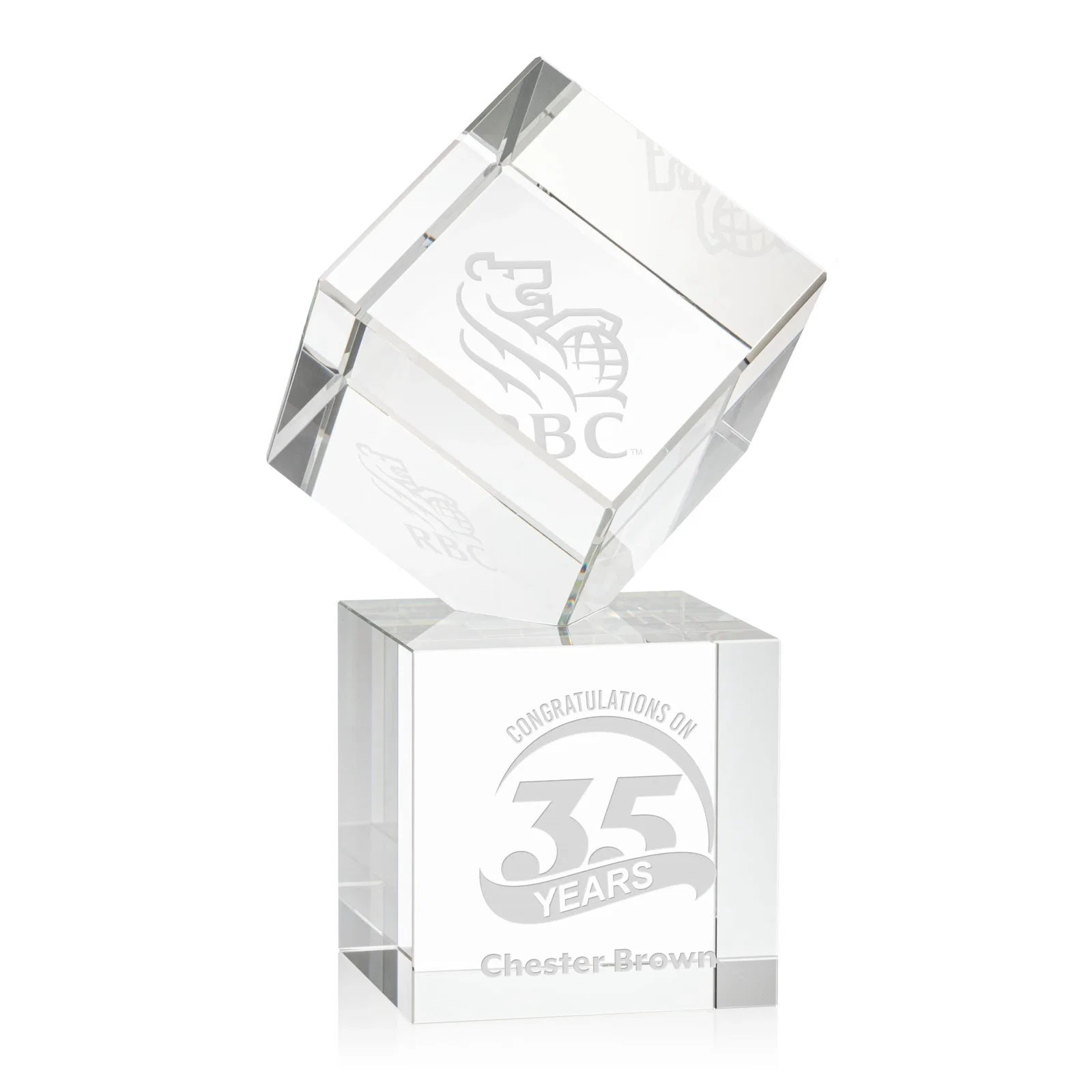 Custom Optical Crystal Cube Award on a Tall Tapered Base, awards for graduation ceremonies