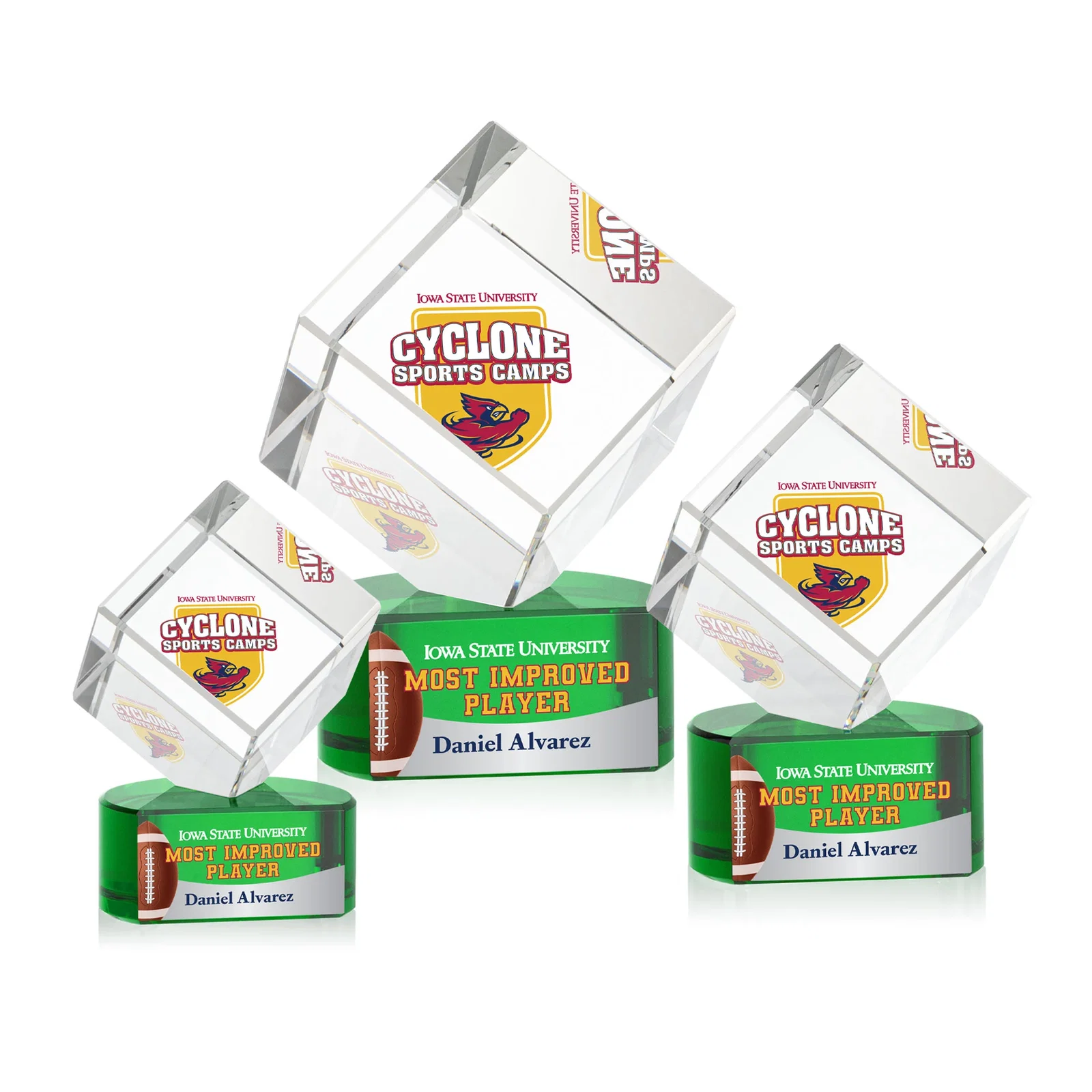Promotional Optical Crystal Cube Award with Ebony, Emerald or Sapphire Base, awards for retirement presentations