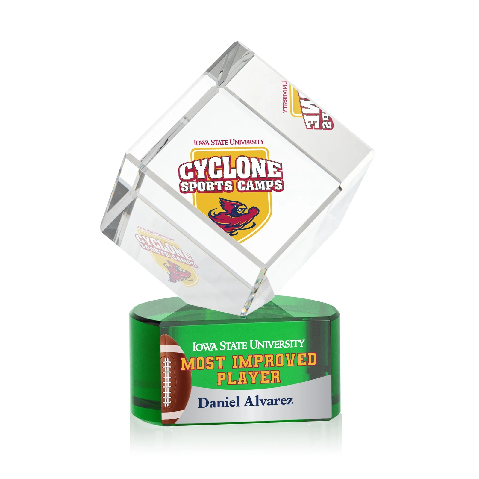 Promotional Optical Crystal Cube Award with Ebony, Emerald or Sapphire Base, awards for donor appreciation
