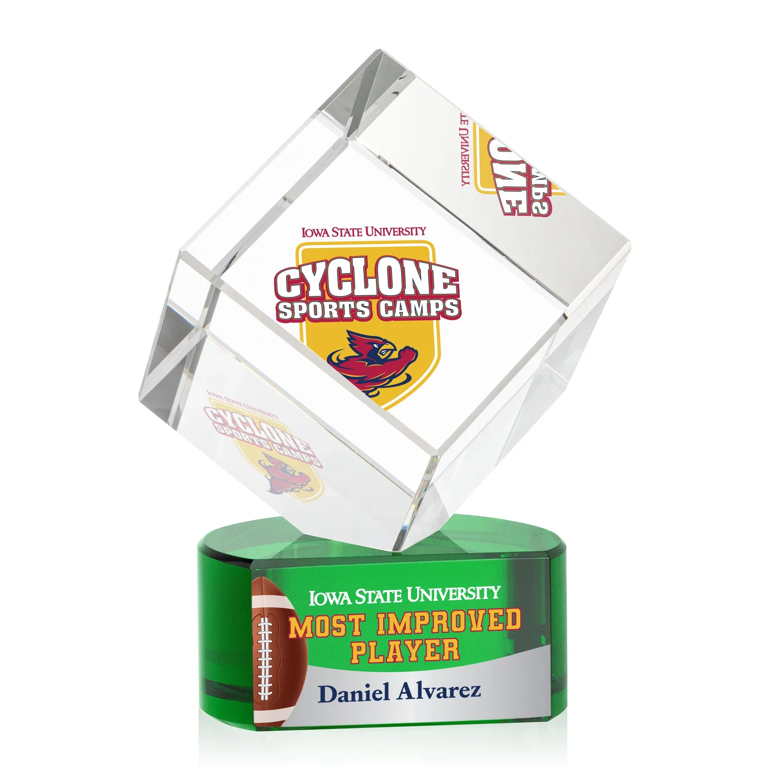 Promotional Optical Crystal Cube Award with Ebony, Emerald or Sapphire Base, awards for graduation ceremonies