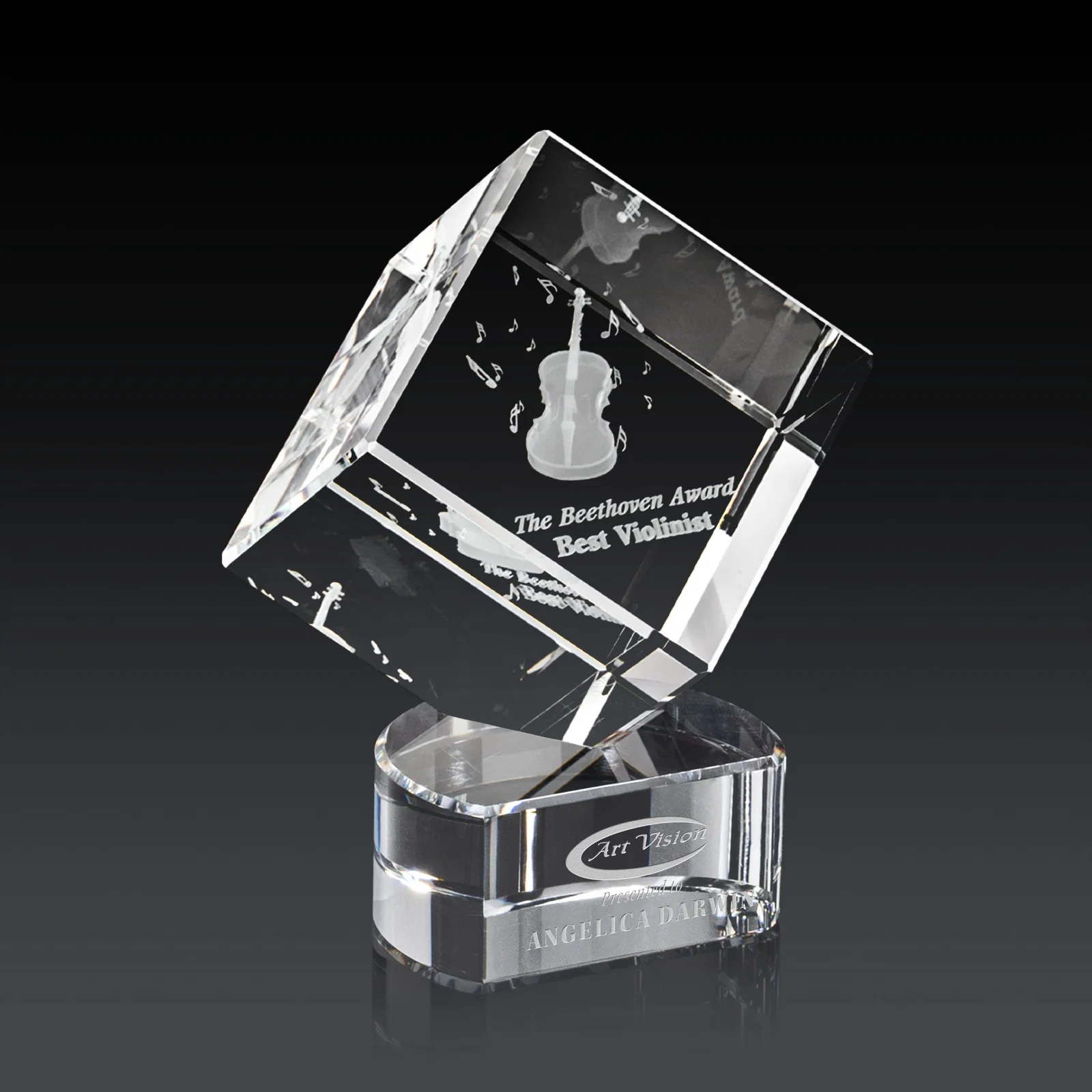 Promotional Optical Crystal Cube Award with Ebony, Emerald or Sapphire Base, awards for volunteer appreciation