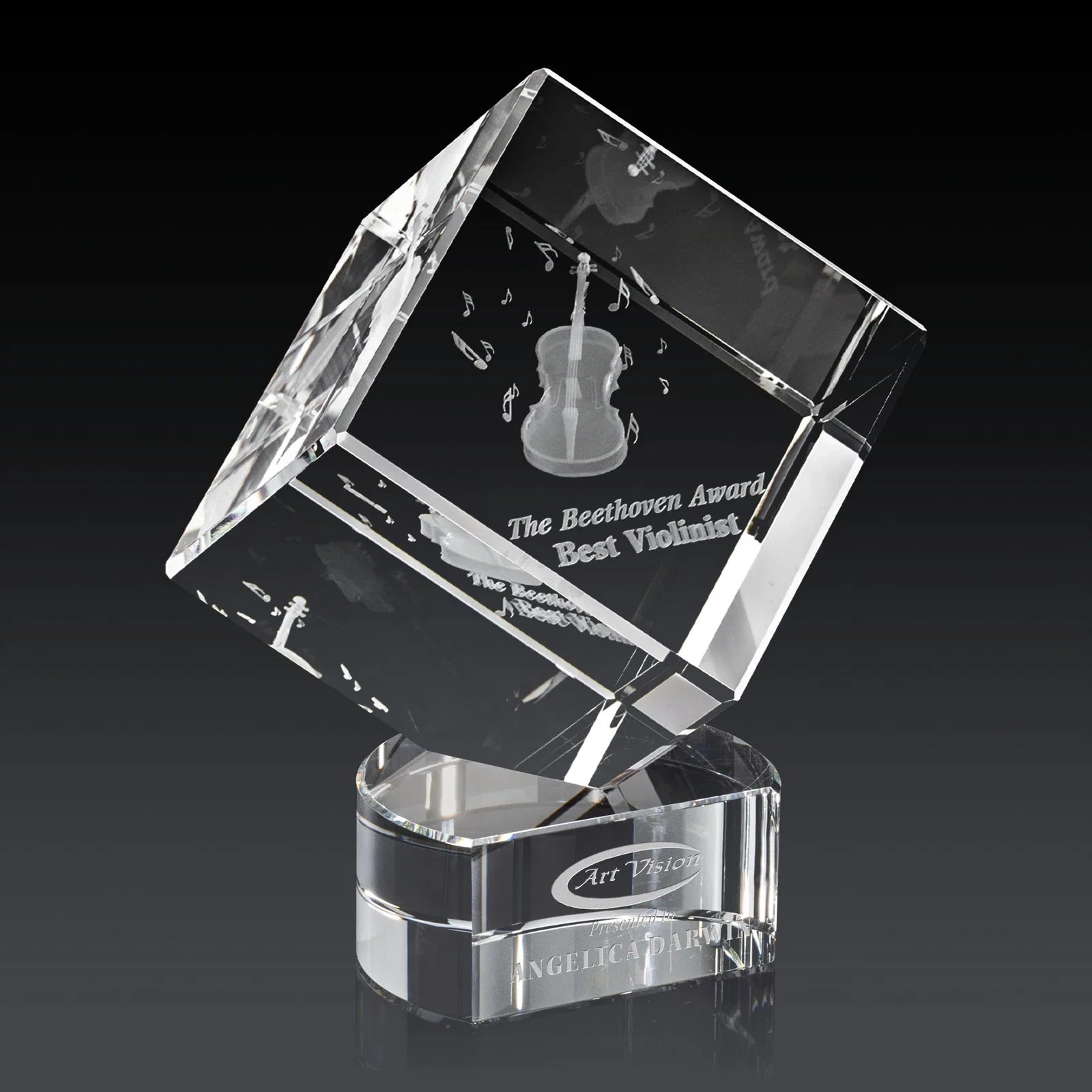 Promotional Optical Crystal Cube Award with Ebony, Emerald or Sapphire Base, awards for company anniversary events