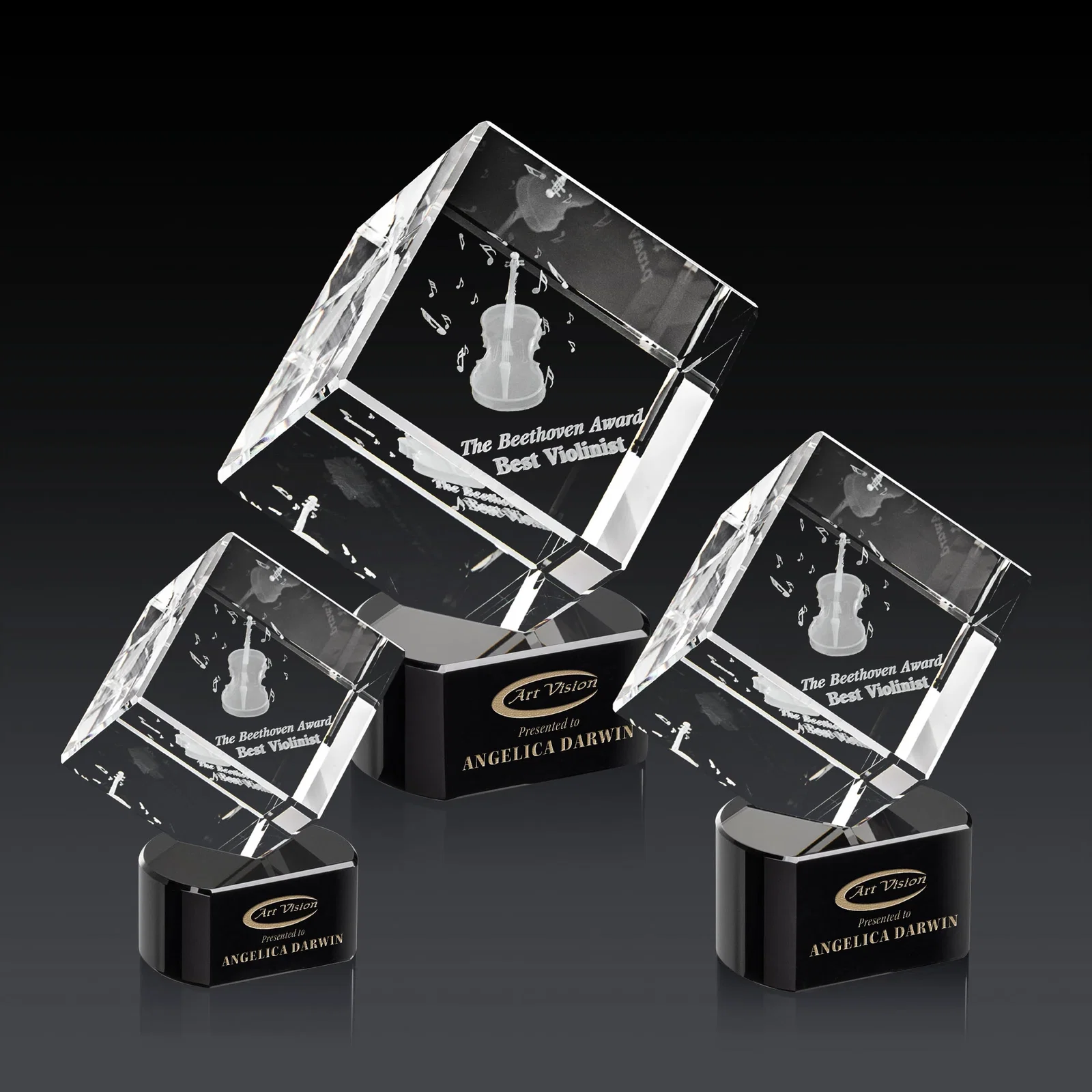 Branded Optical Crystal Cube Award with Ebony, Emerald or Sapphire Base, awards for employee recognition