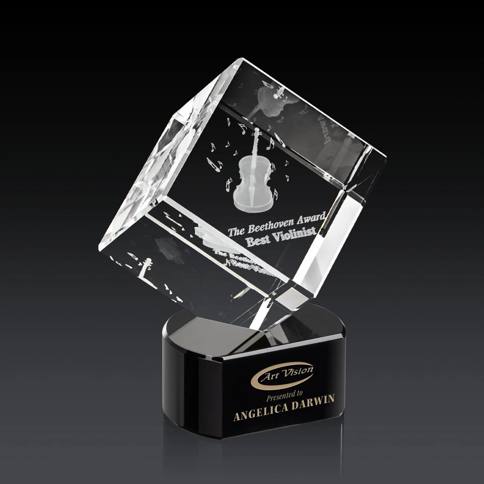 Branded Optical Crystal Cube Award with Ebony, Emerald or Sapphire Base, awards for corporate award ceremonies