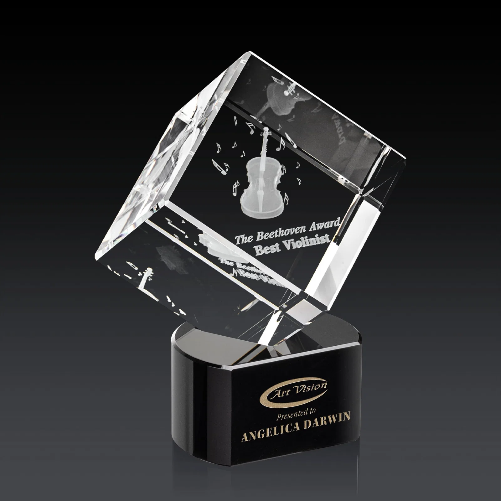 Branded Optical Crystal Cube Award with Ebony, Emerald or Sapphire Base, awards for service anniversary gifts