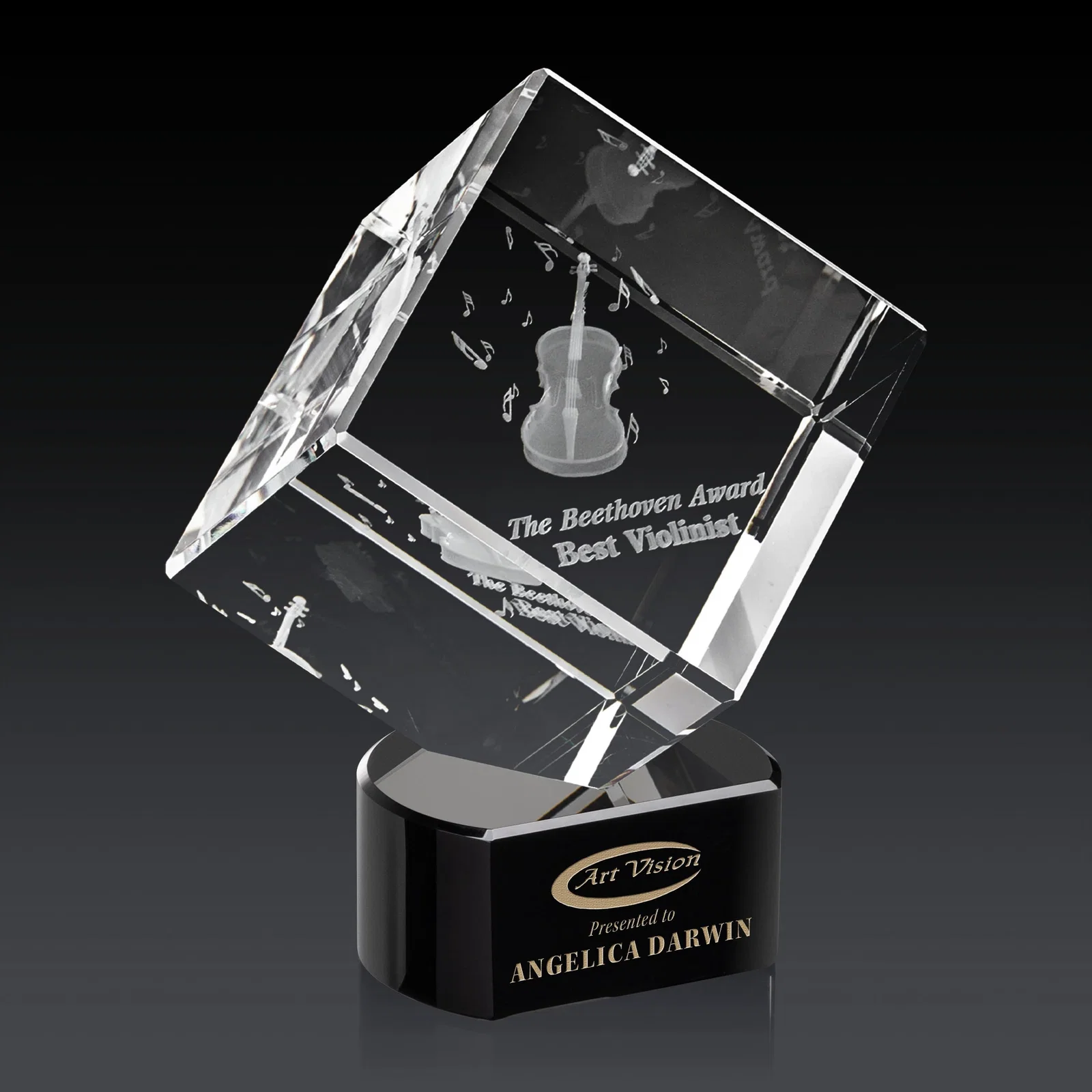 Branded Optical Crystal Cube Award with Ebony, Emerald or Sapphire Base, awards for sales achievement awards