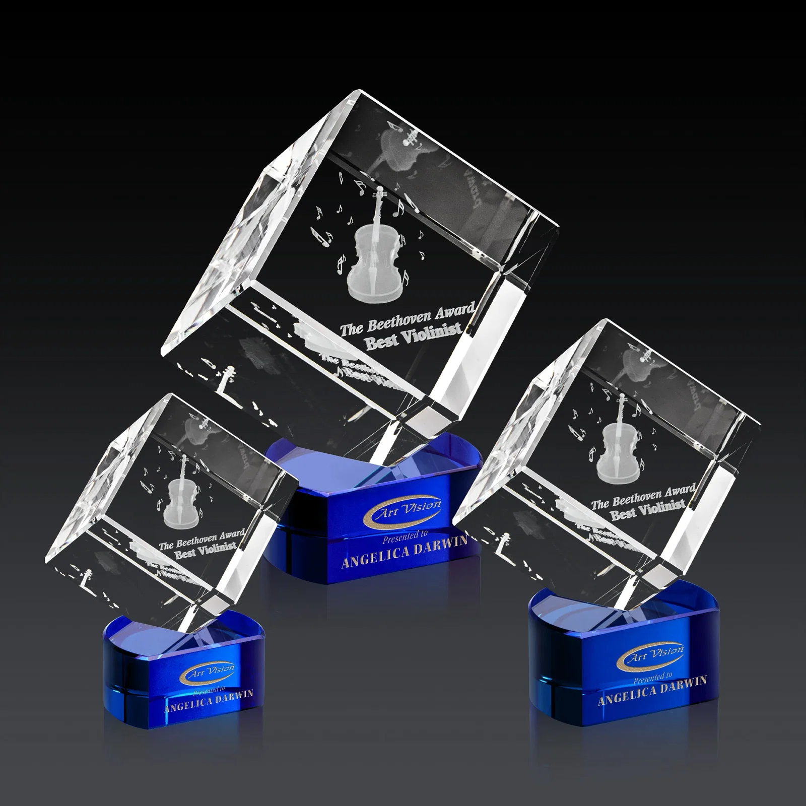 Branded Optical Crystal Cube Award with Ebony, Emerald or Sapphire Base, awards for retirement presentations
