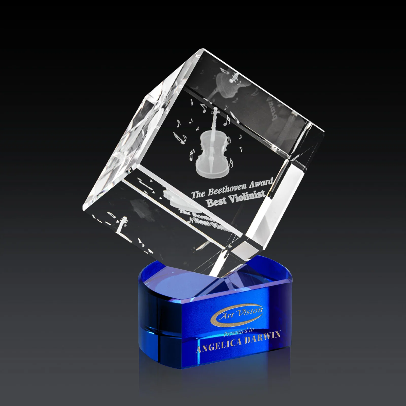 Branded Optical Crystal Cube Award with Ebony, Emerald or Sapphire Base, awards for team milestone celebrations